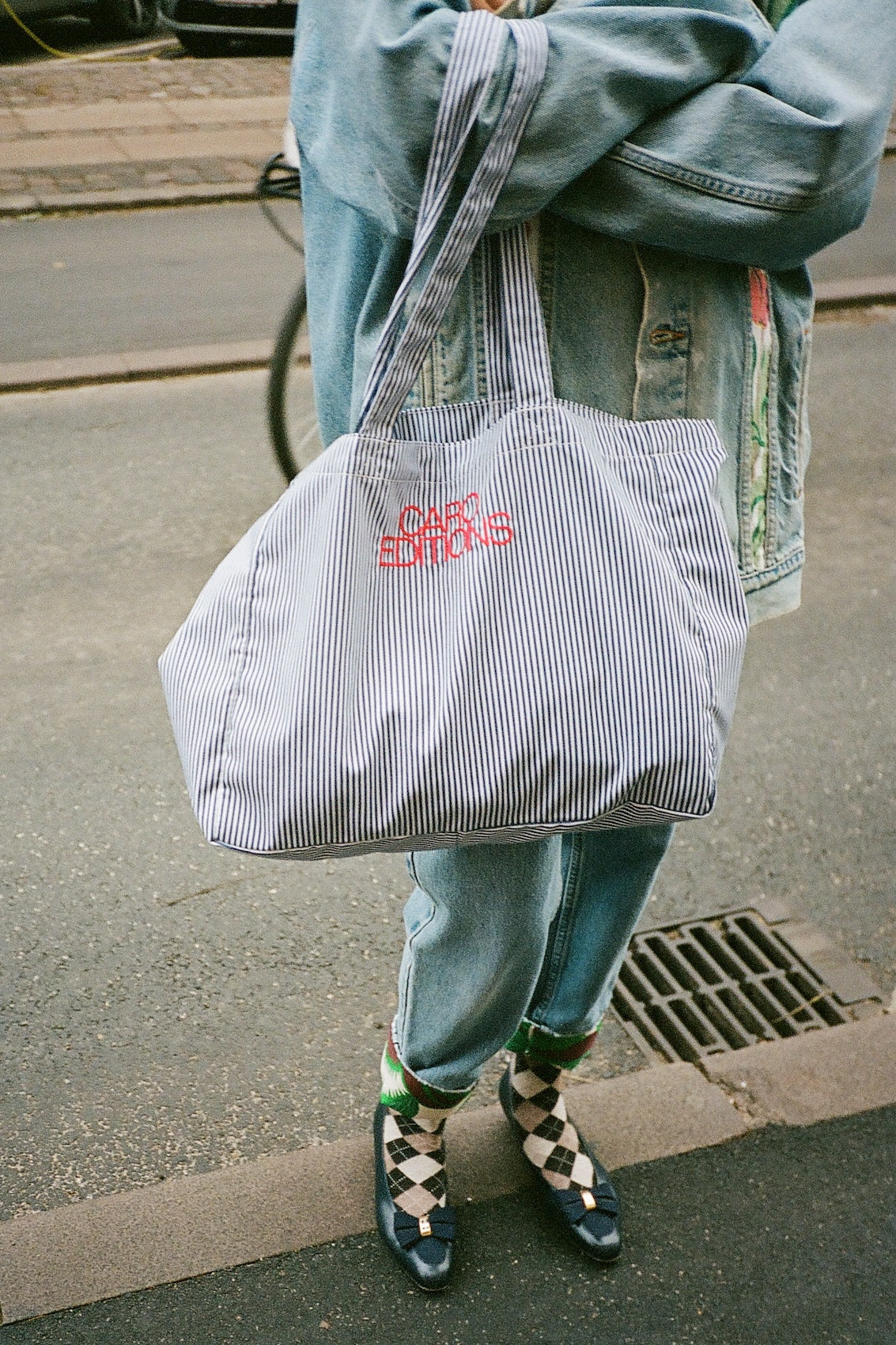 Blue and white clearance striped tote bag