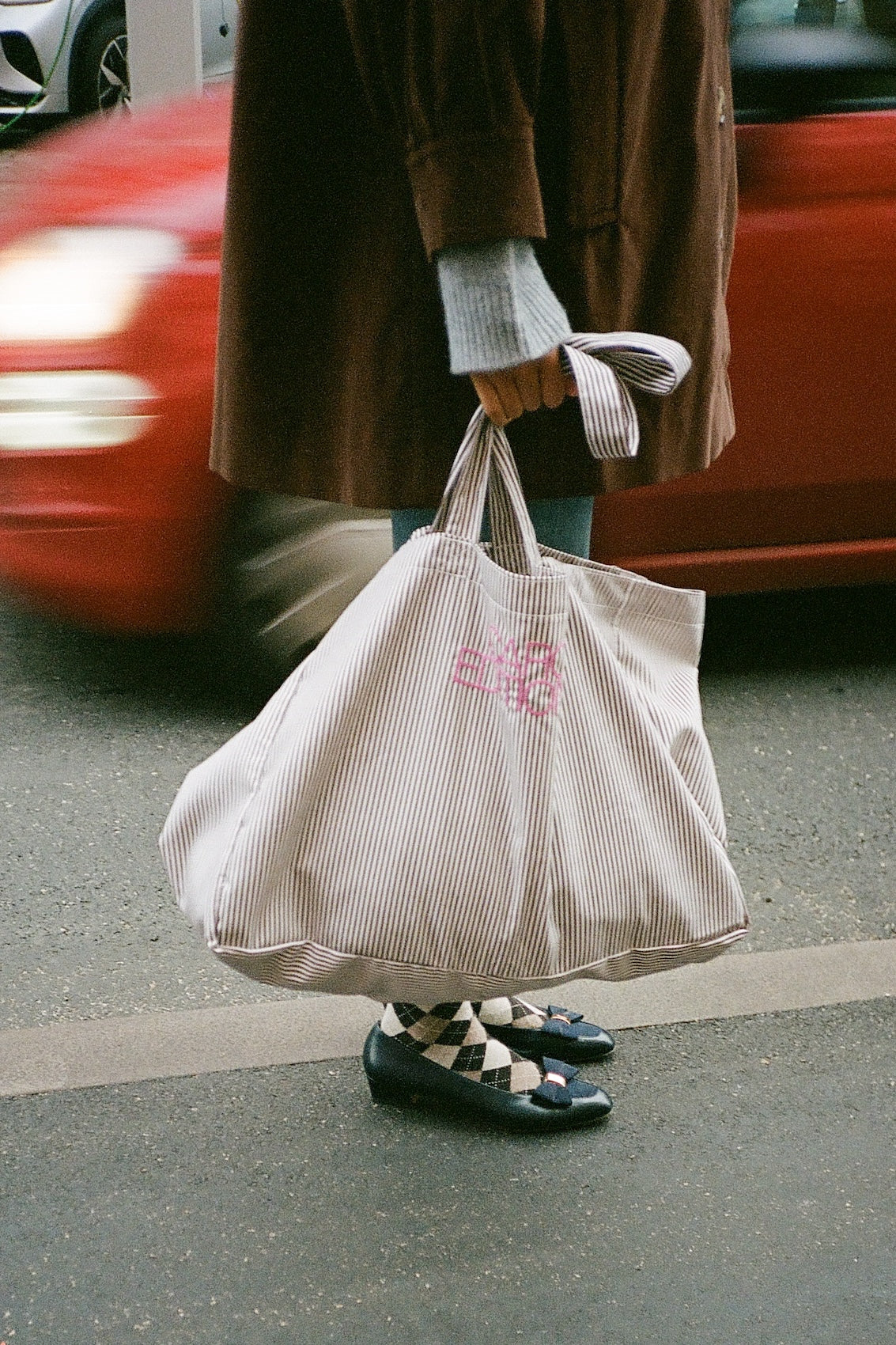 Tote Bag Large - Brown White Stripe
