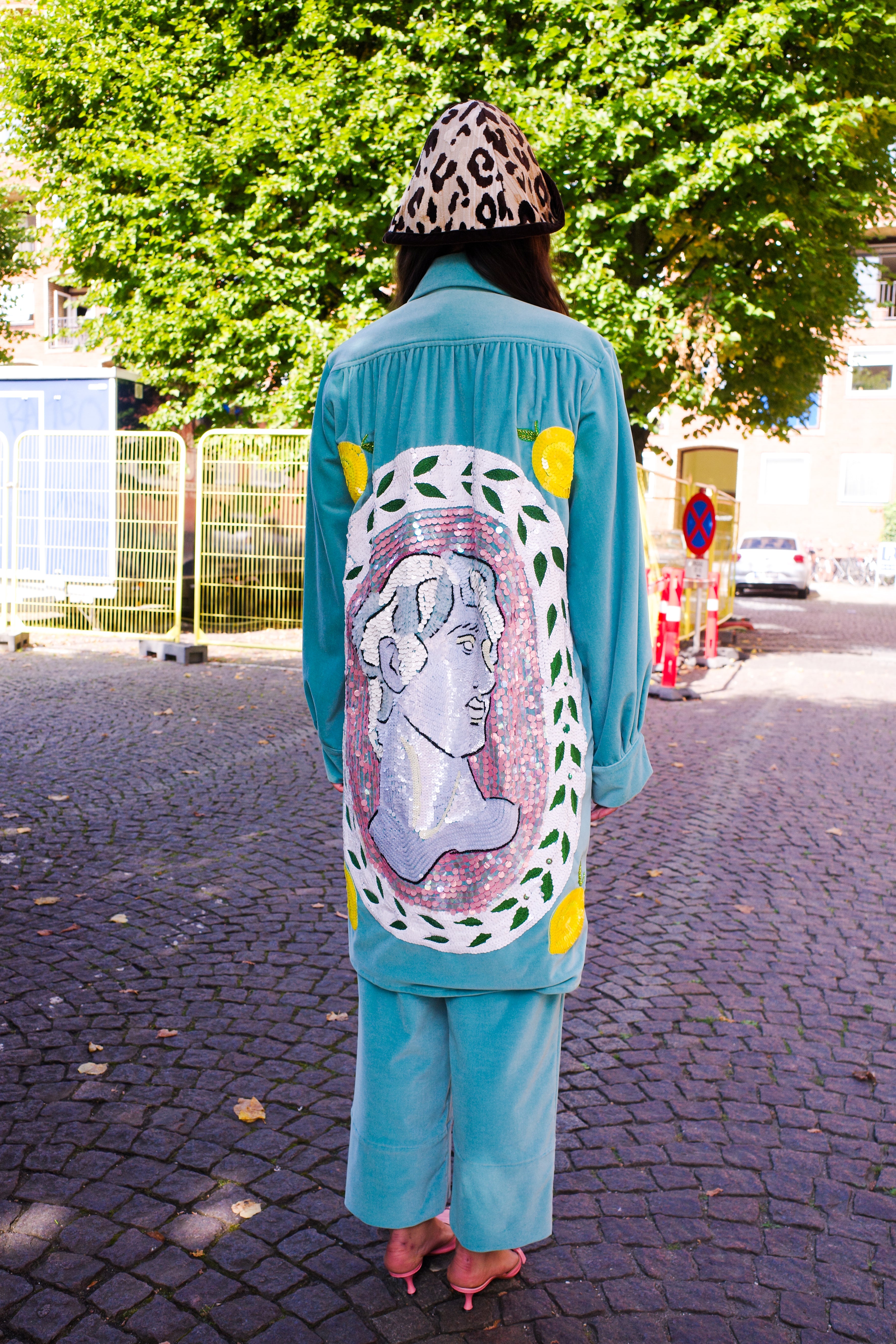 Gaia Coat - Turquoise Velvet with Greek Statue