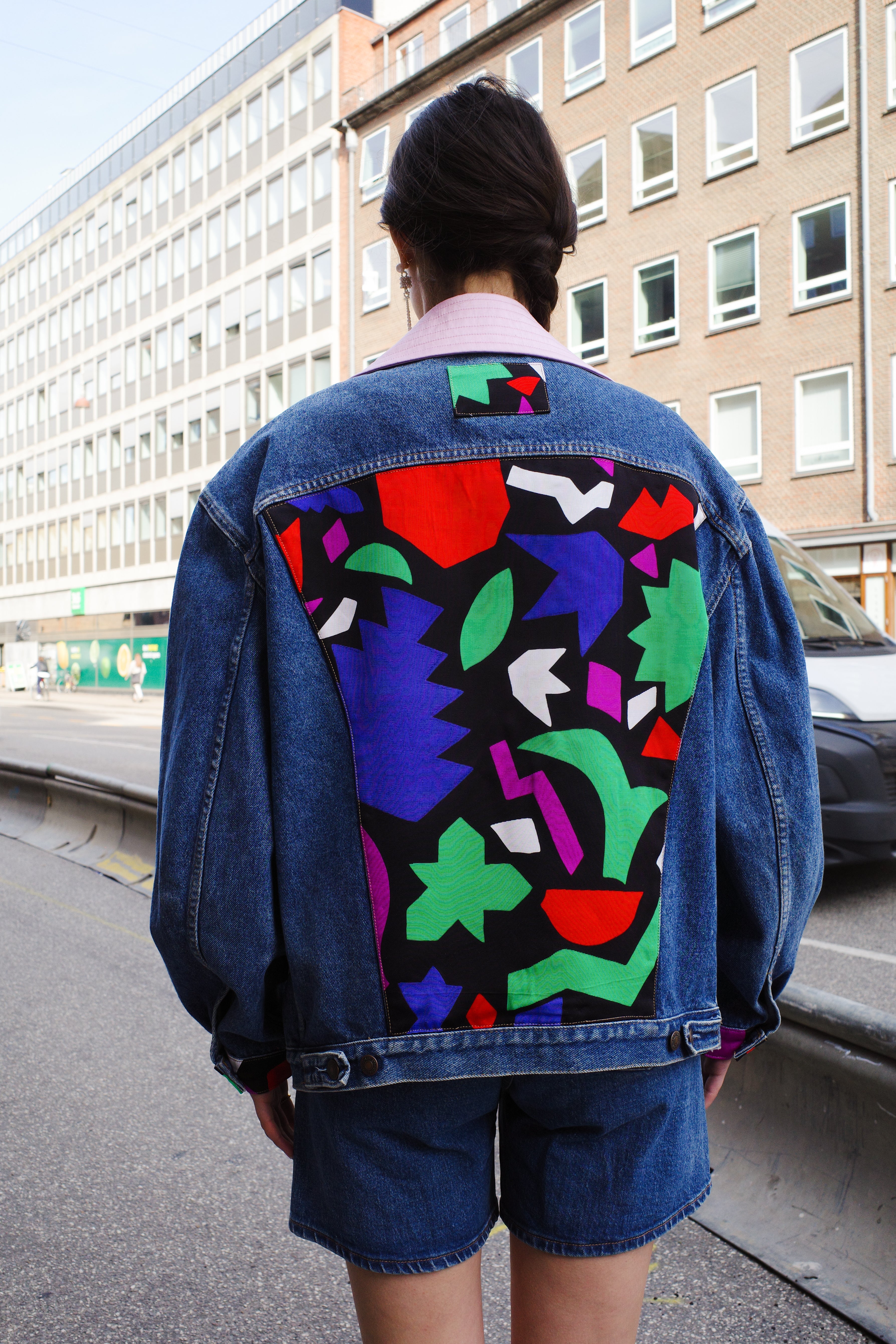 Upcycled Denim Jacket with deadstock Vintage Yves Saint Laurent fabric