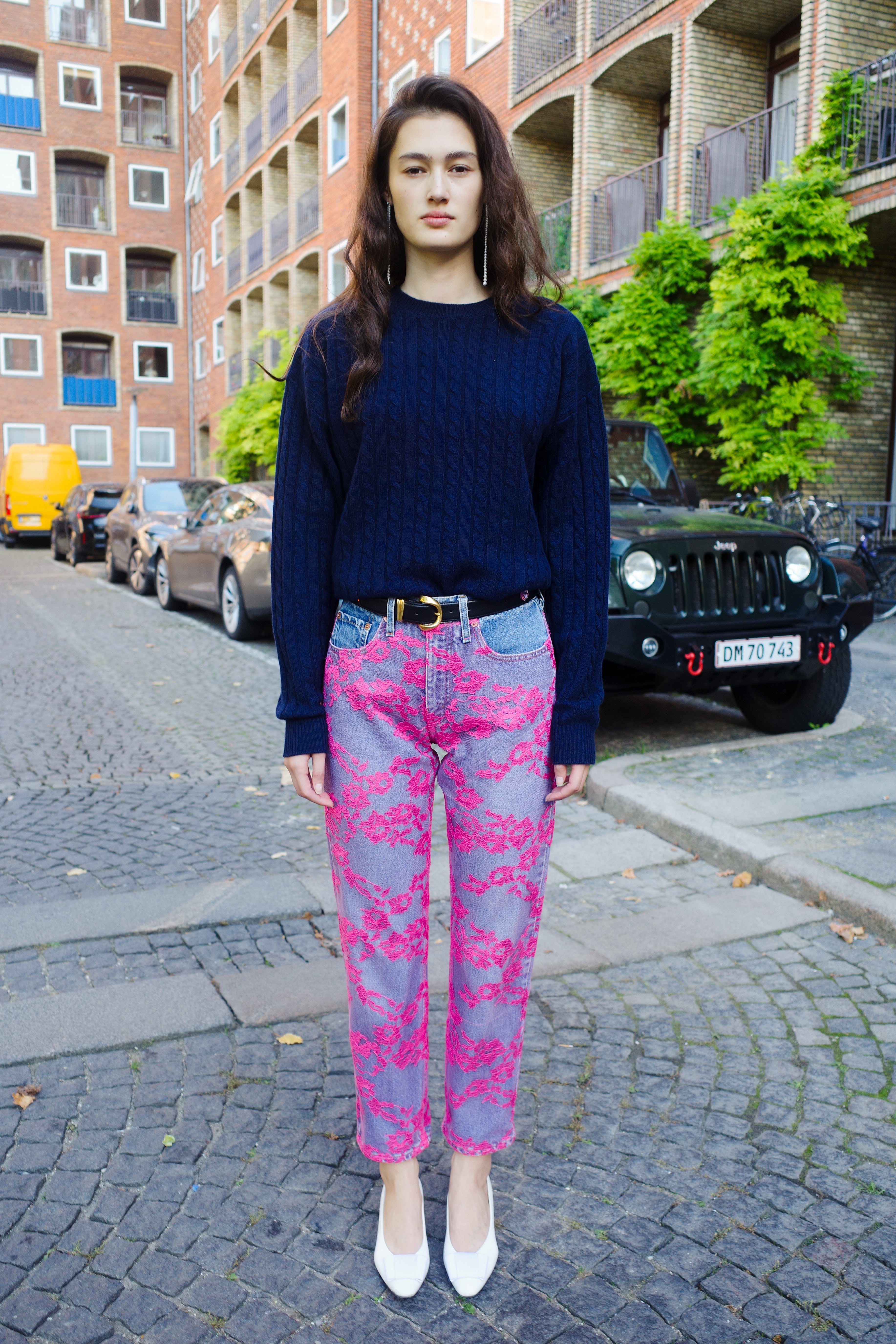 Upcycled denim jeans - Pink French lace