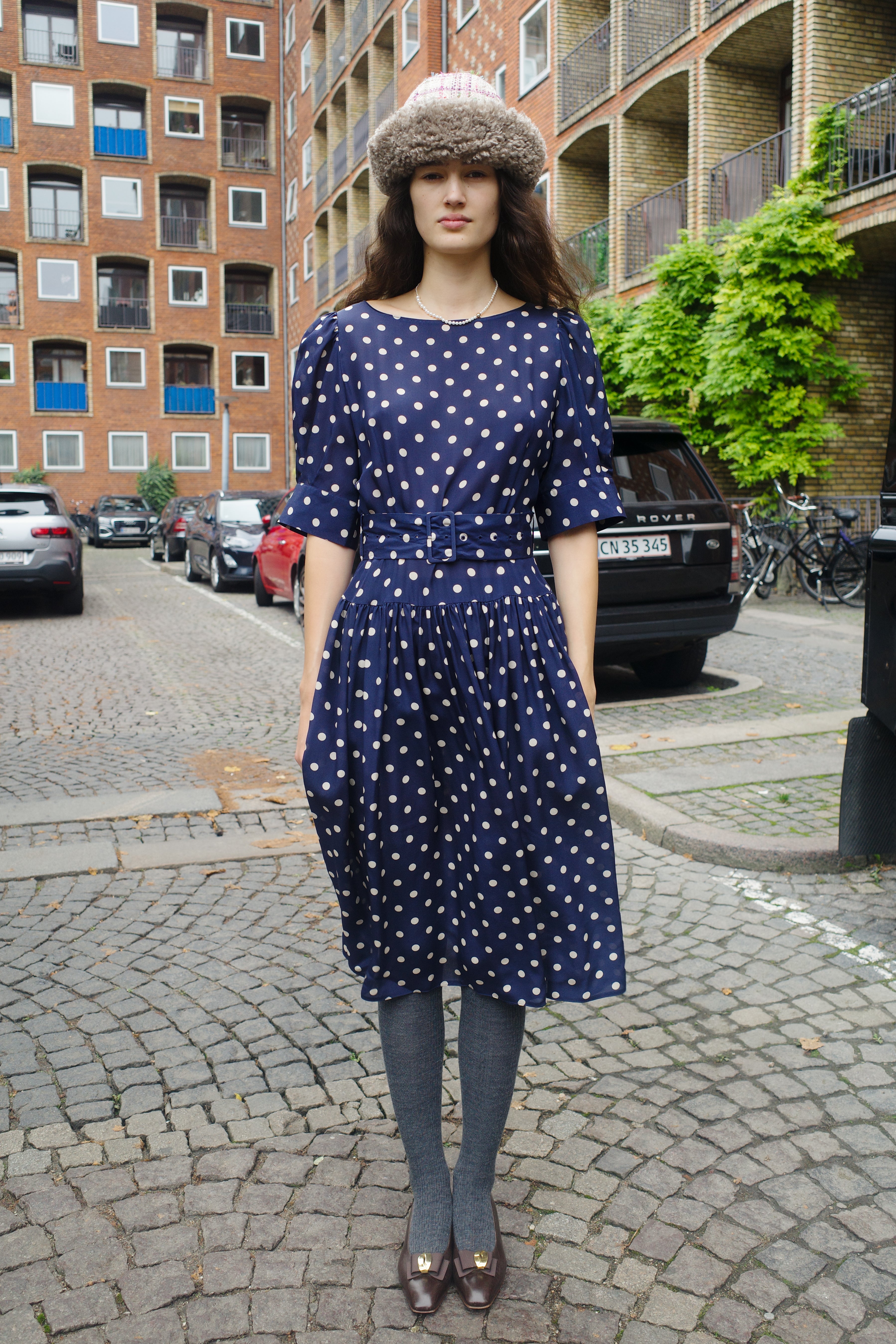 Bjorg Dress Silk Navy - White Dots
