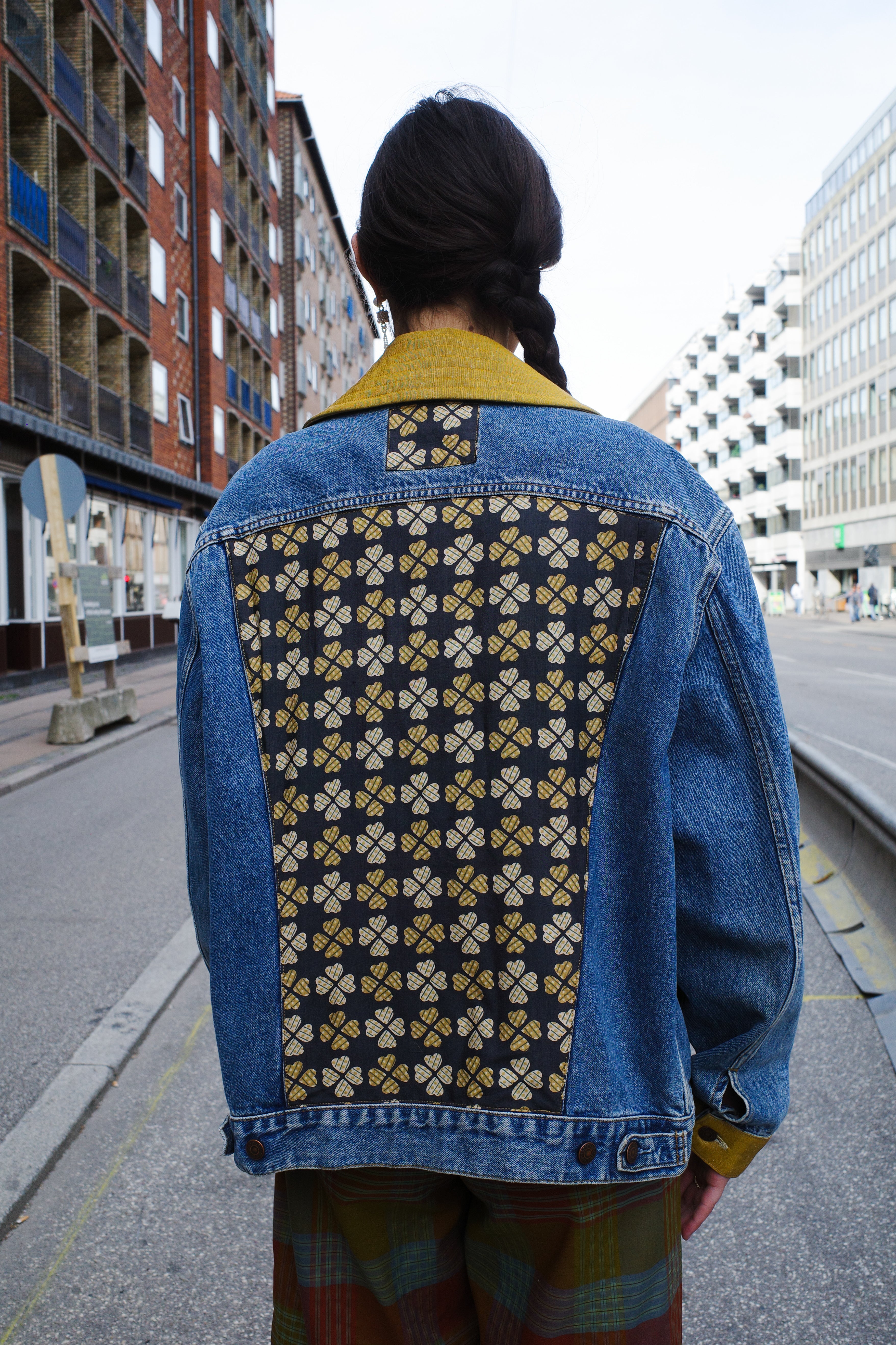 Upcycled Denim Jacket with deadstock Vintage Yves Saint Laurent fabric