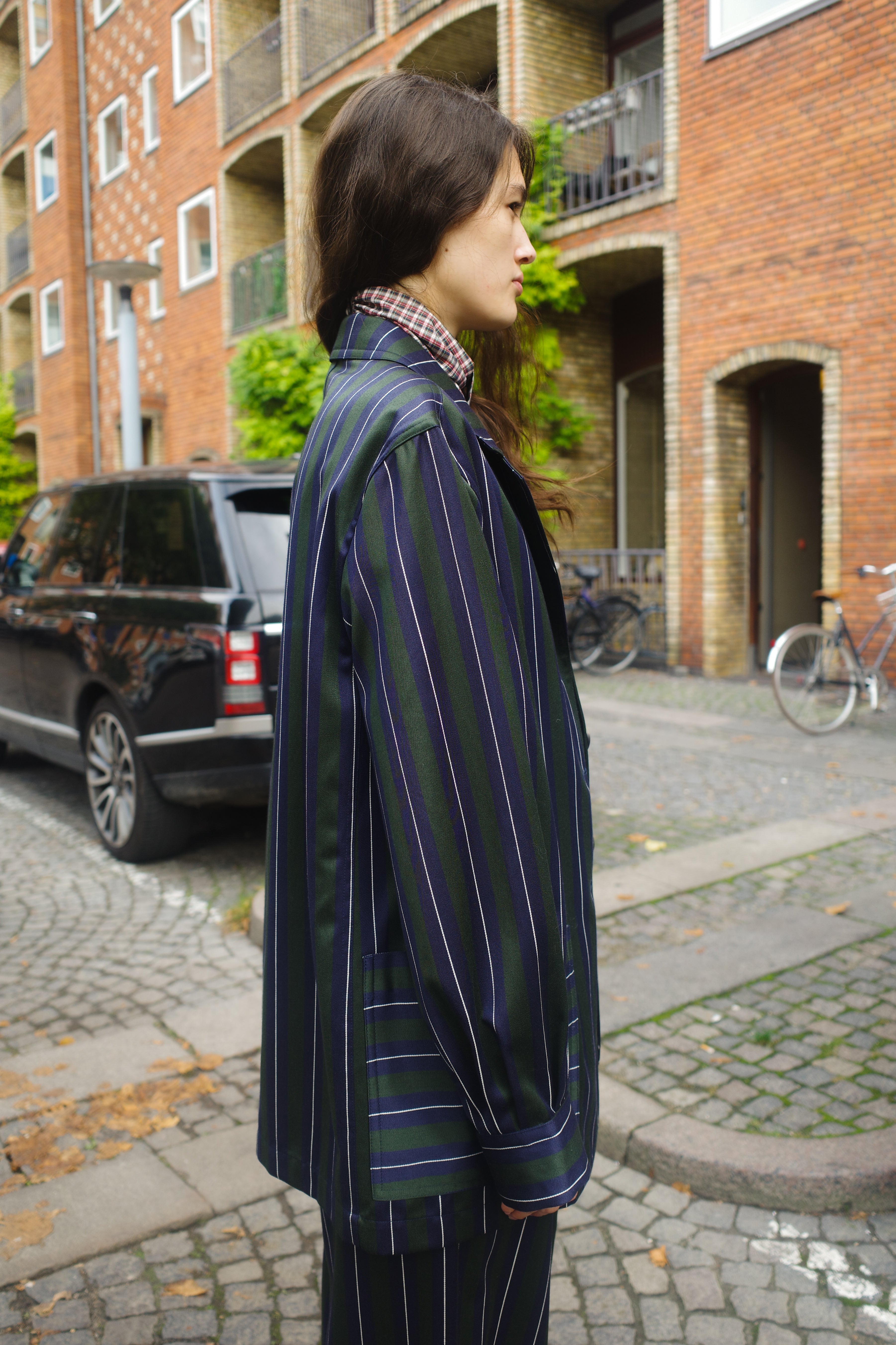 Frederik Jacket Moon Wool Mix Navy/Green/White Stripe