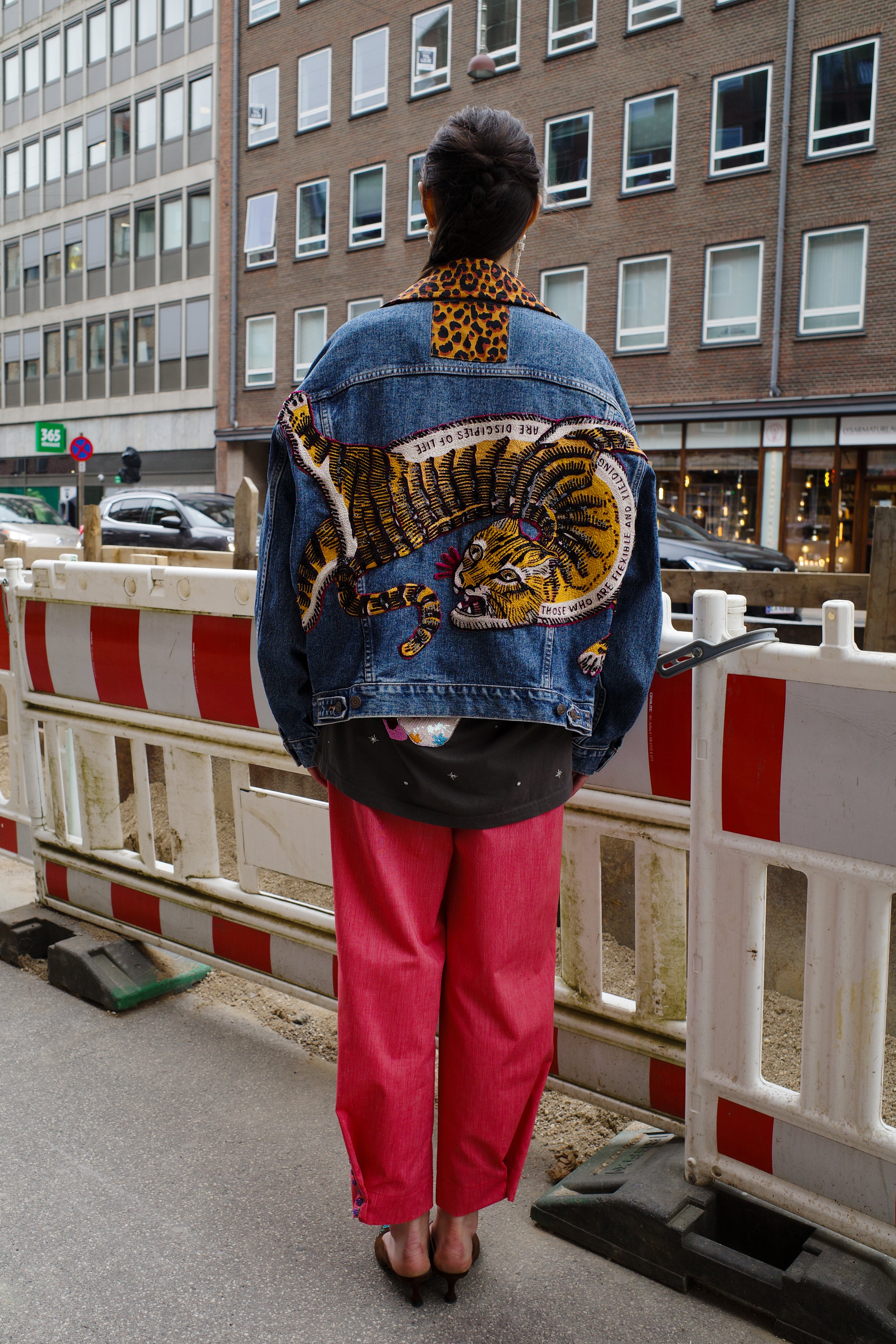 Upcycled Denim Jacket - leopard with Vintage Saint Laurent Collar
