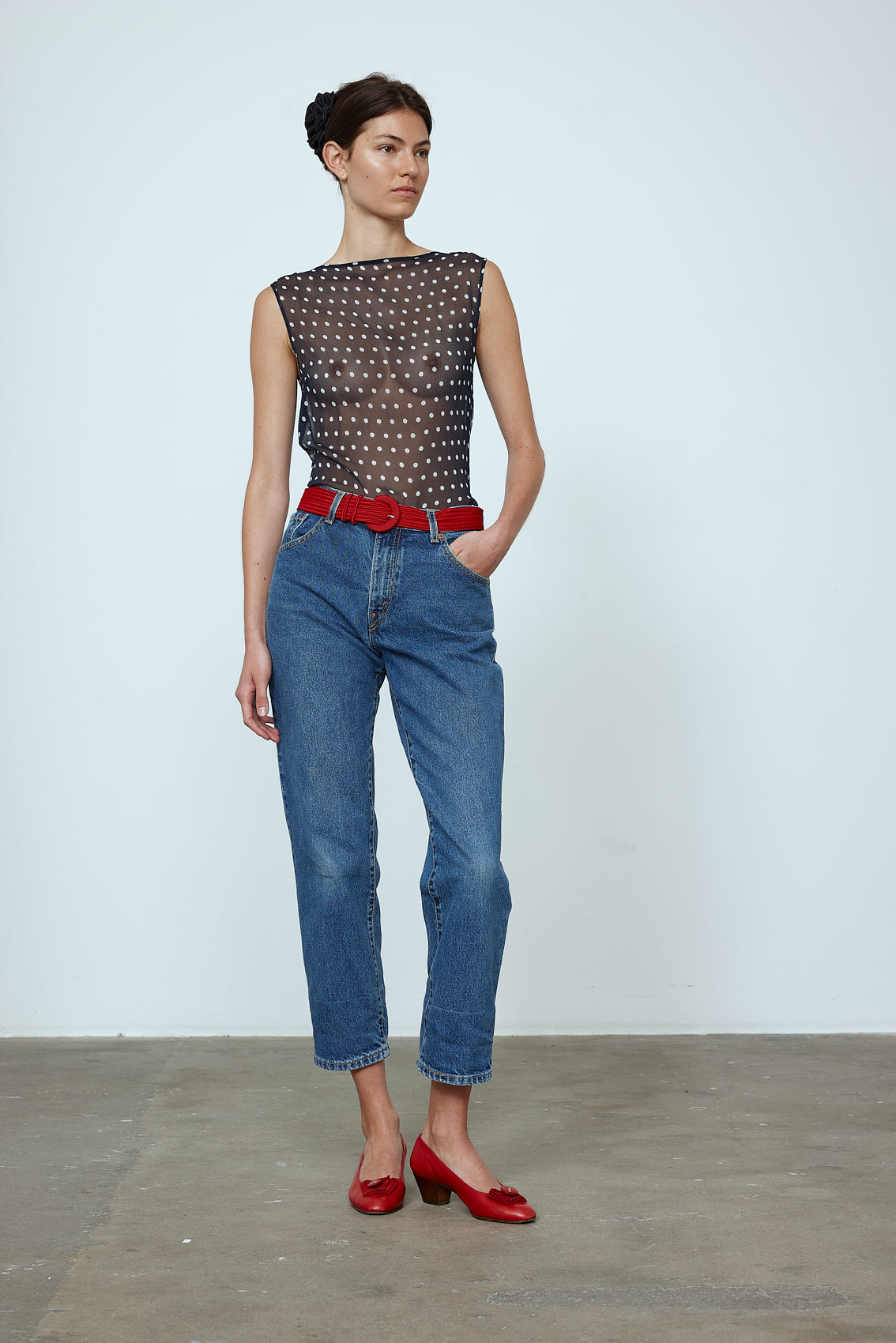 Alexa Top in Black Polka Dot Transparent Silk Chiffon. The top features a straight neckline and a deep plunging back. Material: 100% mulberry silk.