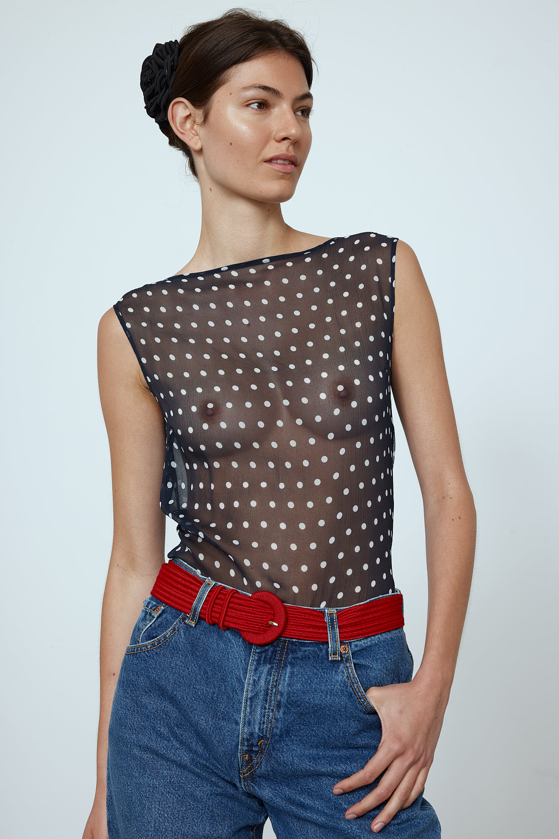 Alexa Top in Black Polka Dot Transparent Silk Chiffon. The top features a straight neckline and a deep plunging back. Material: 100% mulberry silk.