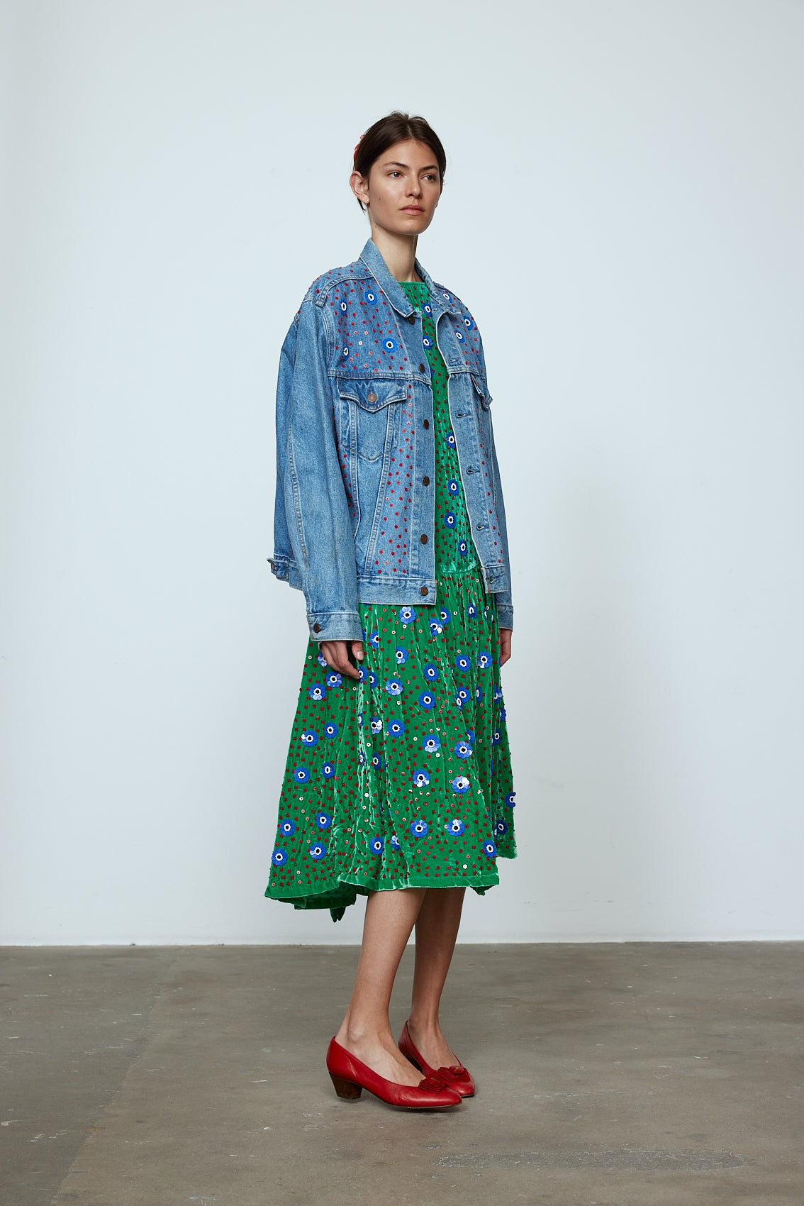 Upcycled Denim Jacket exquisitely hand-embroidered by skilled artisans in our flower daisy pattern using beadings and sequins.