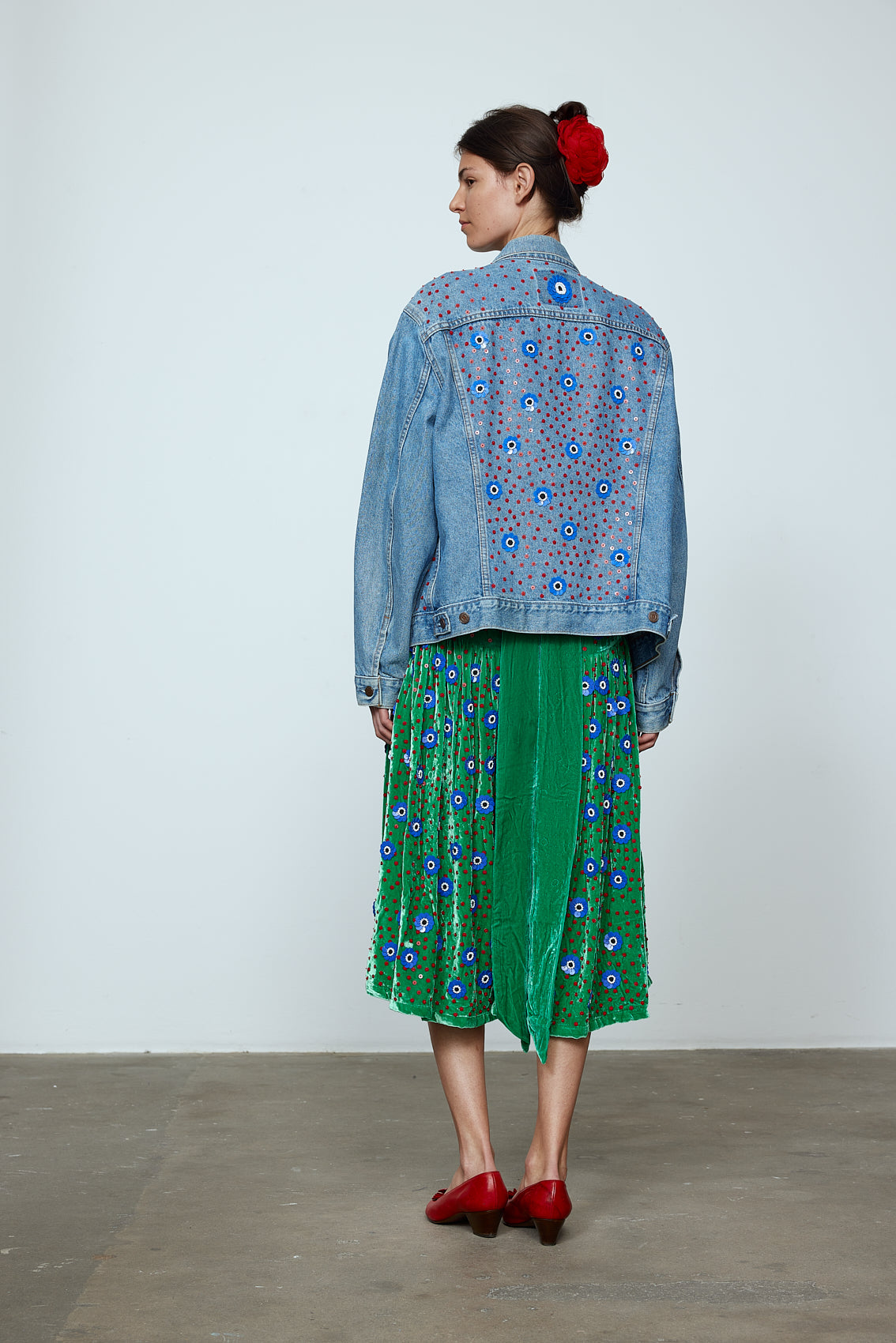 Upcycled Denim Jacket exquisitely hand-embroidered by skilled artisans in our flower daisy pattern using beadings and sequins.