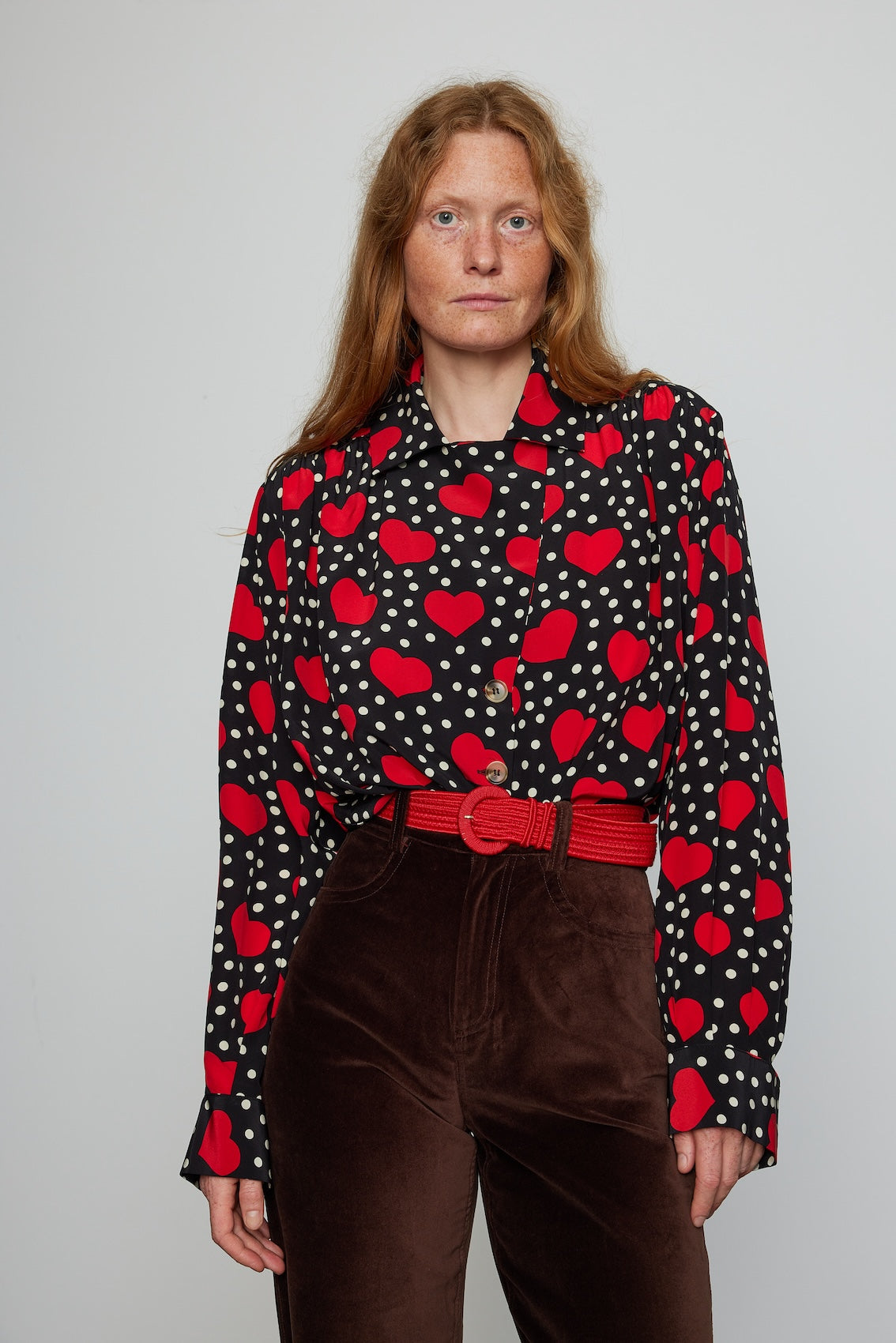 Caro Editions Bonsai Shirt made in soft silk. The Shirt features long draped sleeves, a deep-cut oversized shirt collar, and buttons on the front. Material: 100% Silk Crepe de chine.