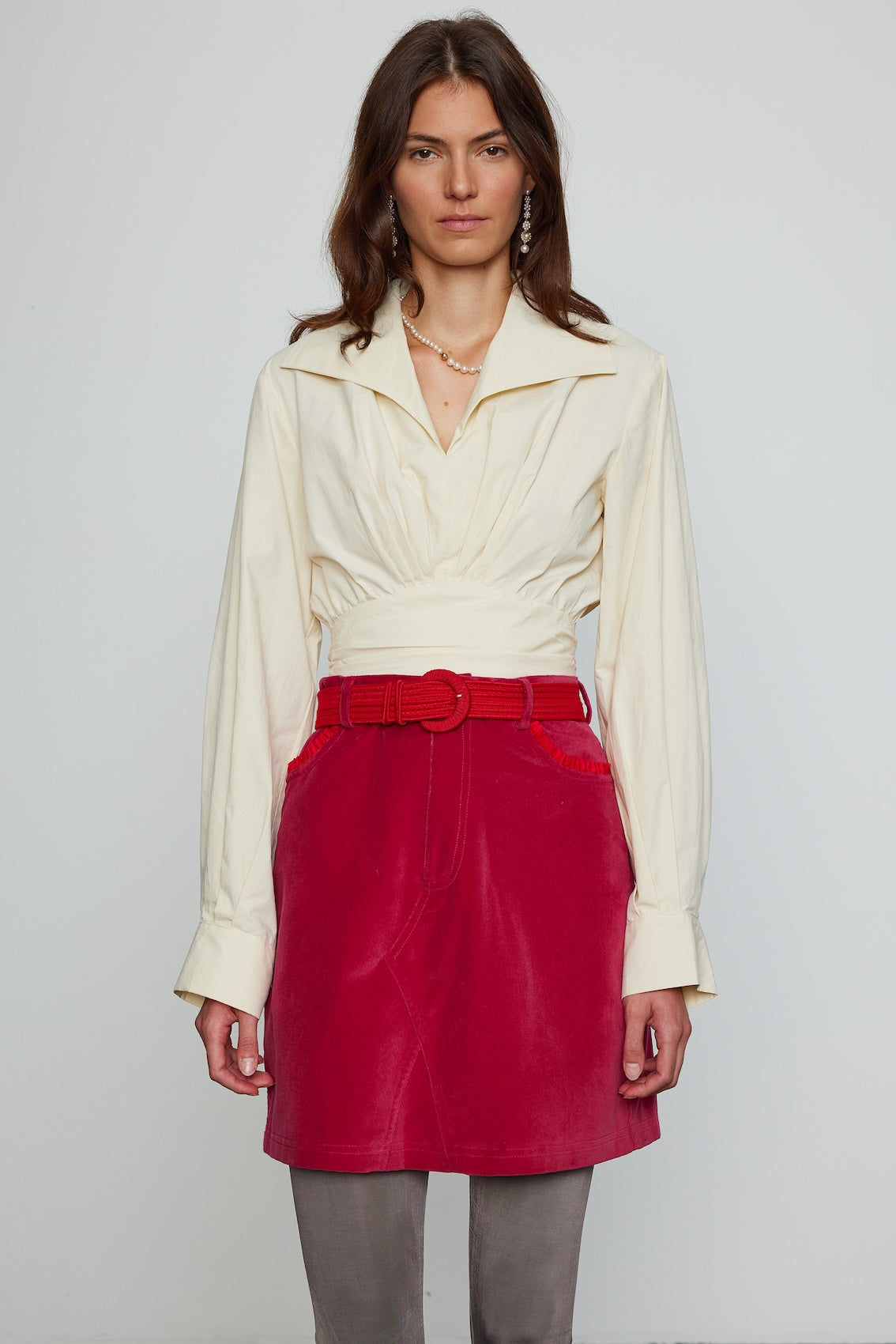 Caro Editions Nikita Blouse. This shirt features a fitted waist and signature Caro Editions sleeves with cuffs, inspired by the party vibe of the 70s. Style it on its own or with a top underneath. Material: 100% Cotton