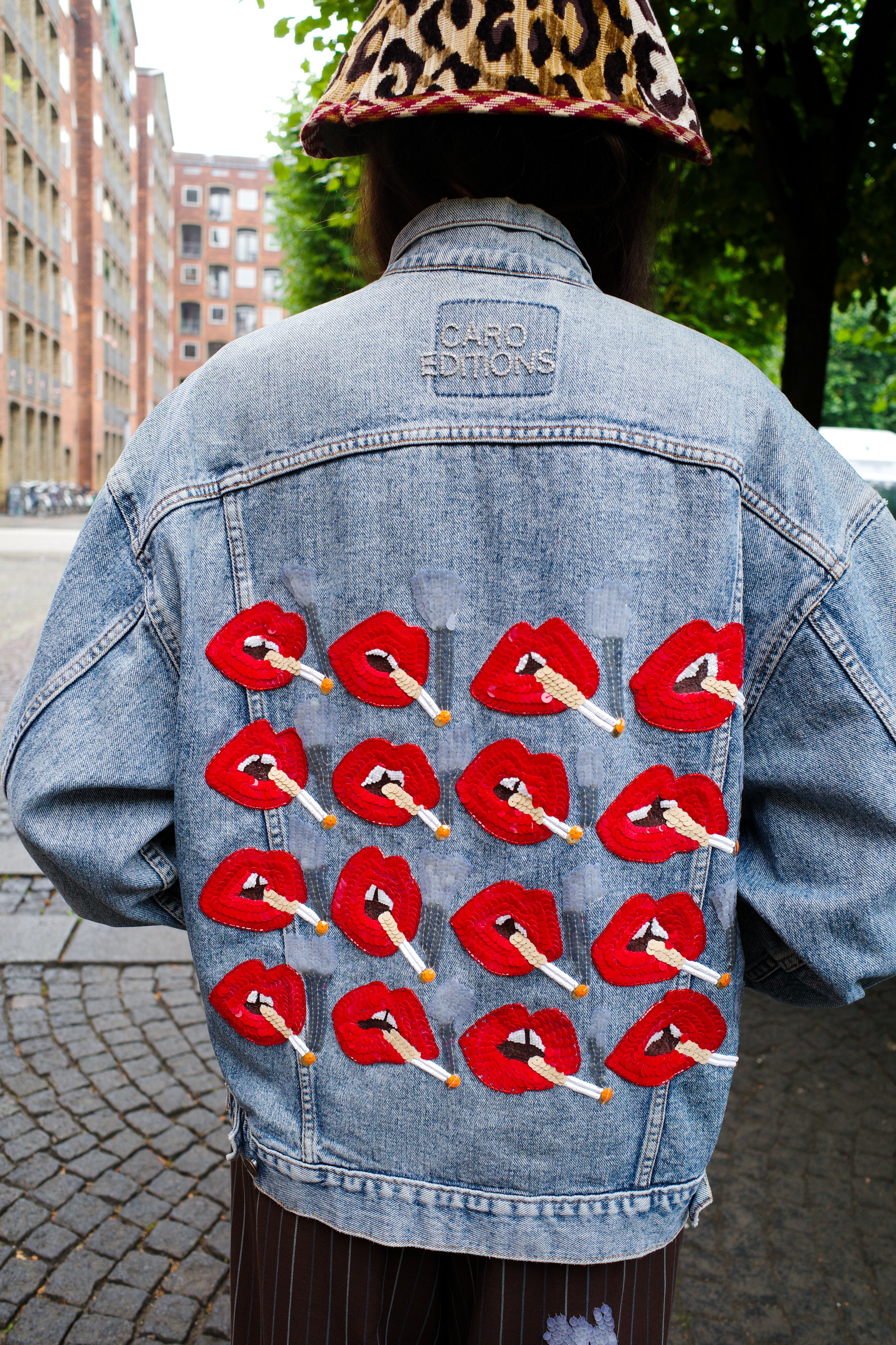 Upcycled Denim Jacket - Red Lips Smoking