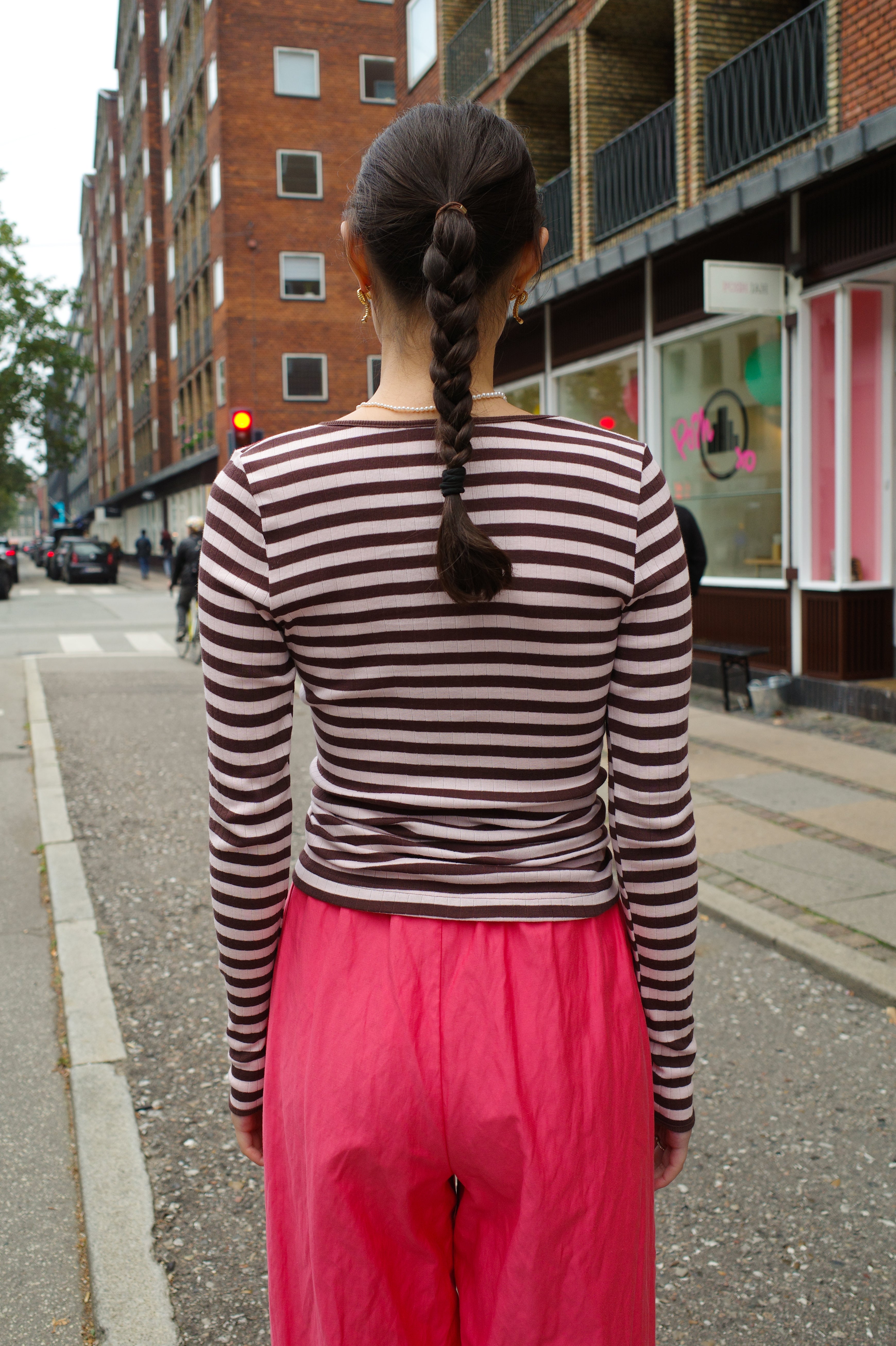 #101 T-shirt - Brown Pale Pink Stripe