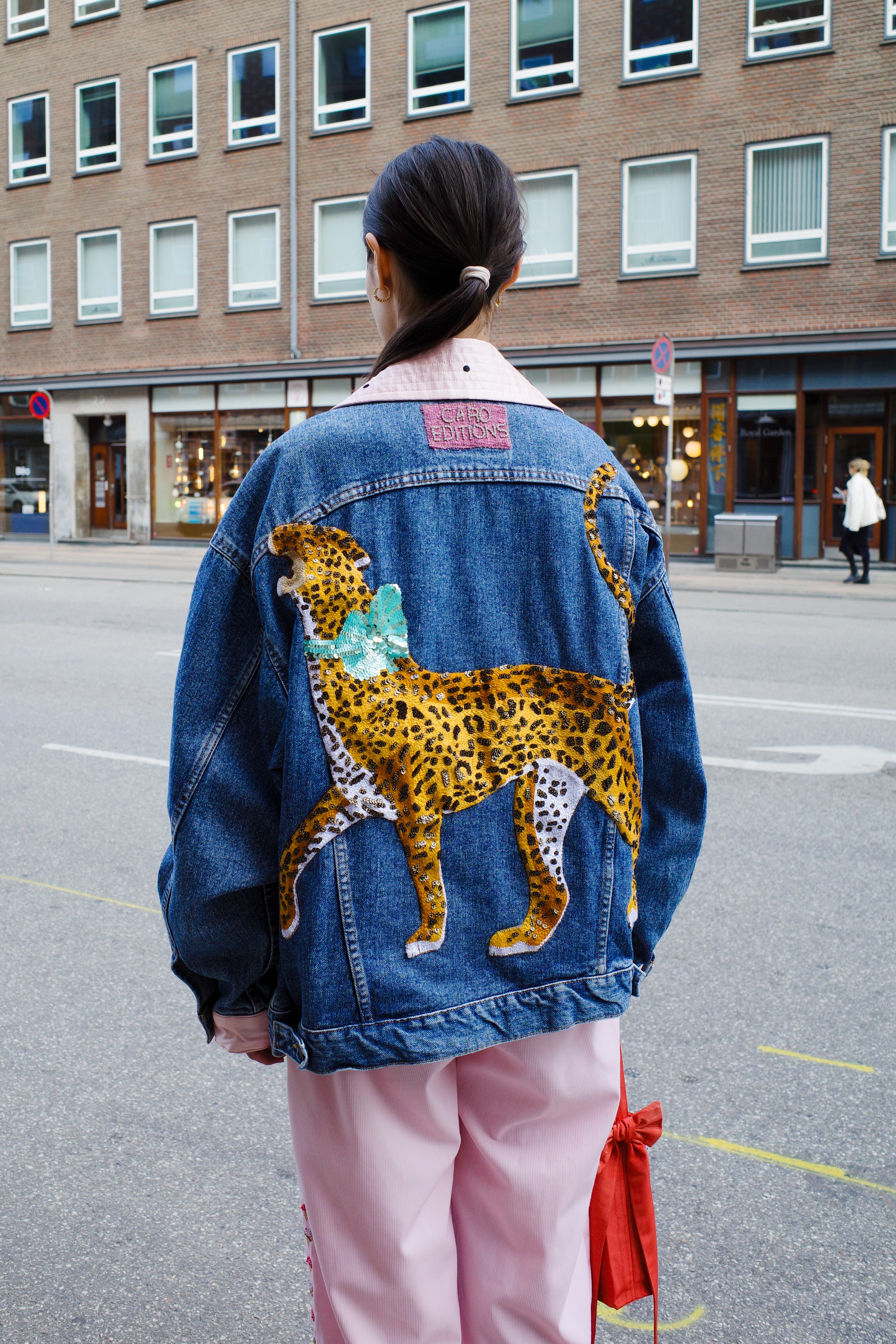 Upcycled Denim Jacket - leopard with bow