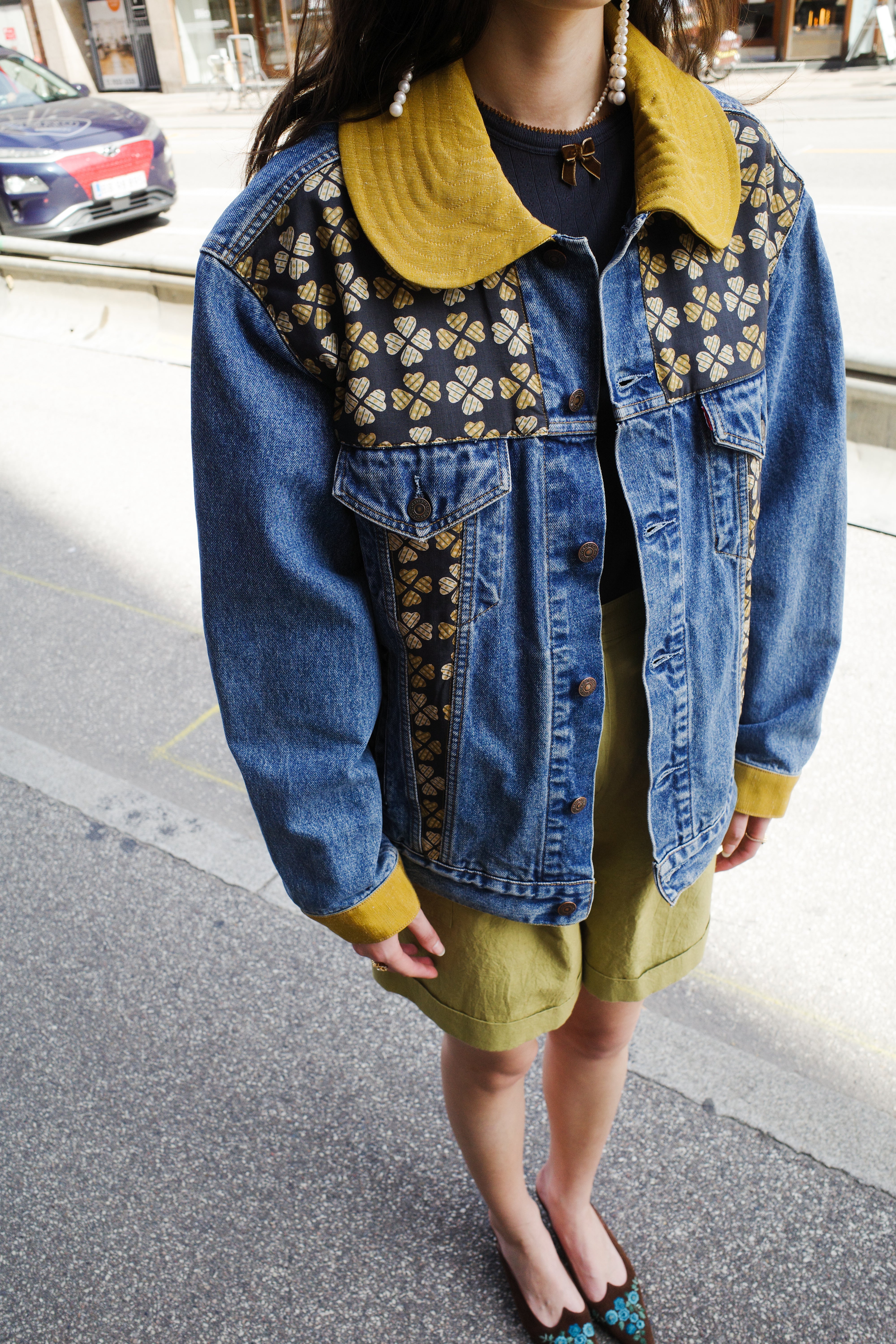 Upcycled Denim Jacket with deadstock Vintage Yves Saint Laurent fabric