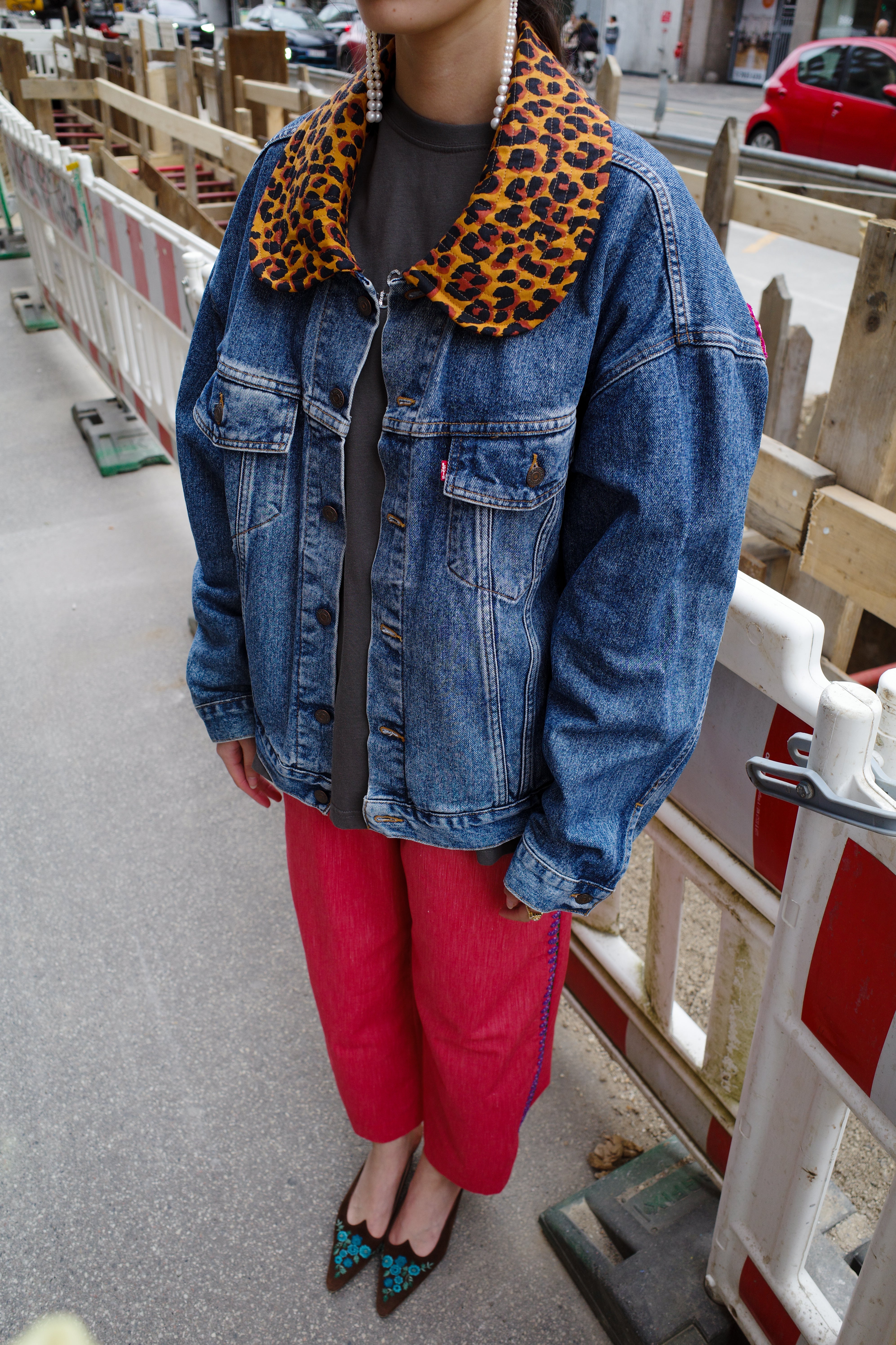 Upcycled Denim Jacket - leopard with Vintage Saint Laurent Collar