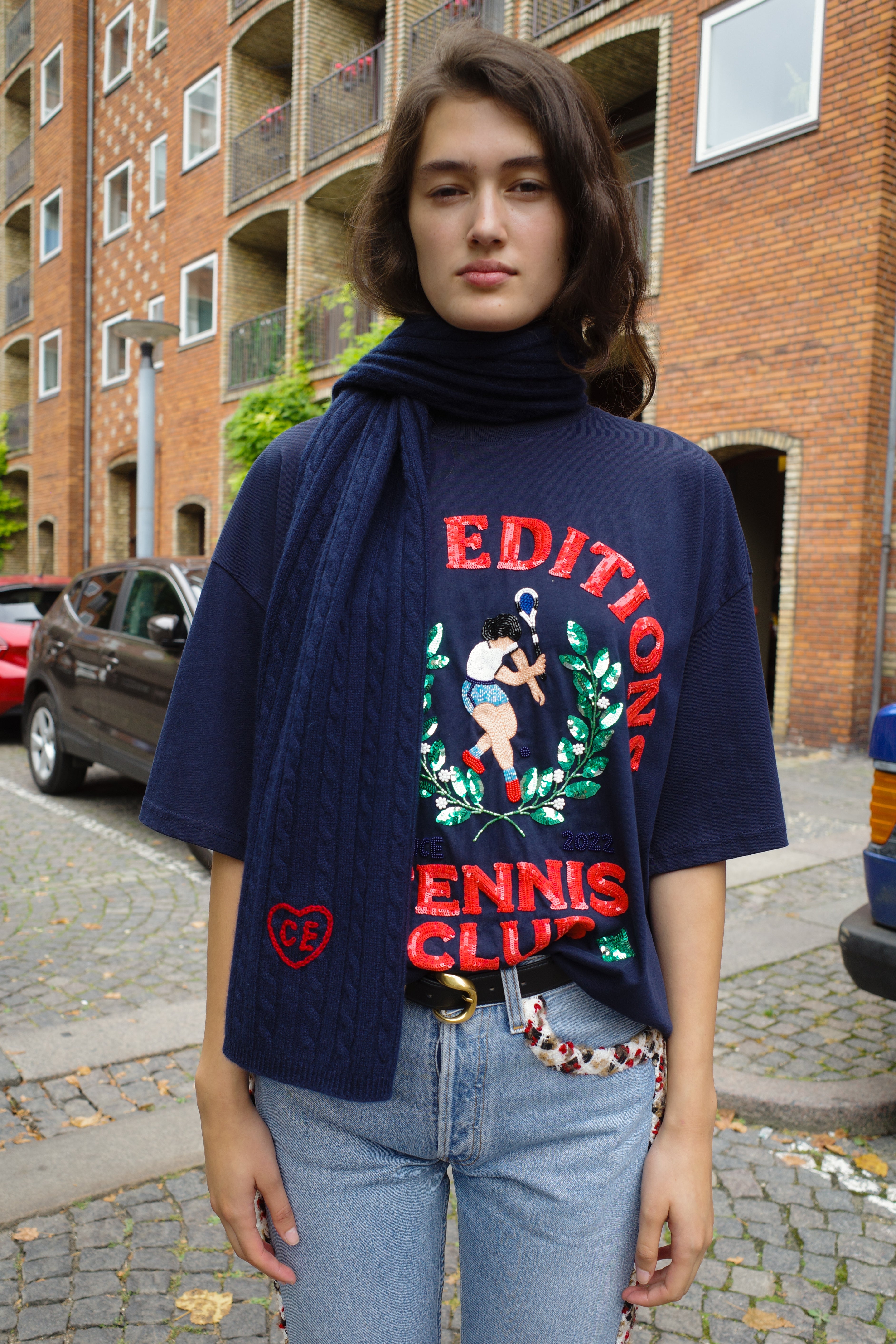 Liva Cable Scarf Cashmere Navy