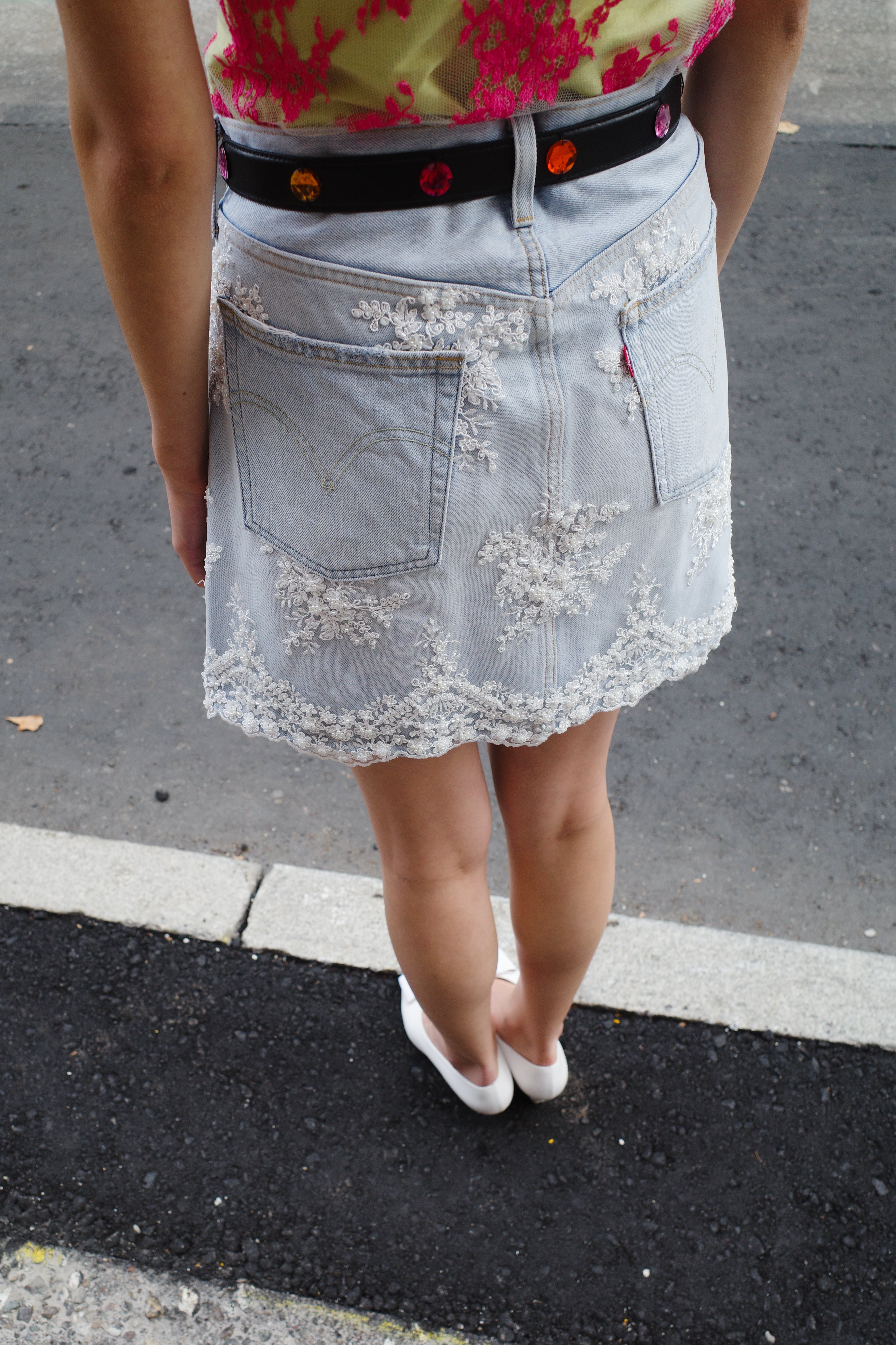Upcycled Levi’s Denim Skirt with Bridal Lace.