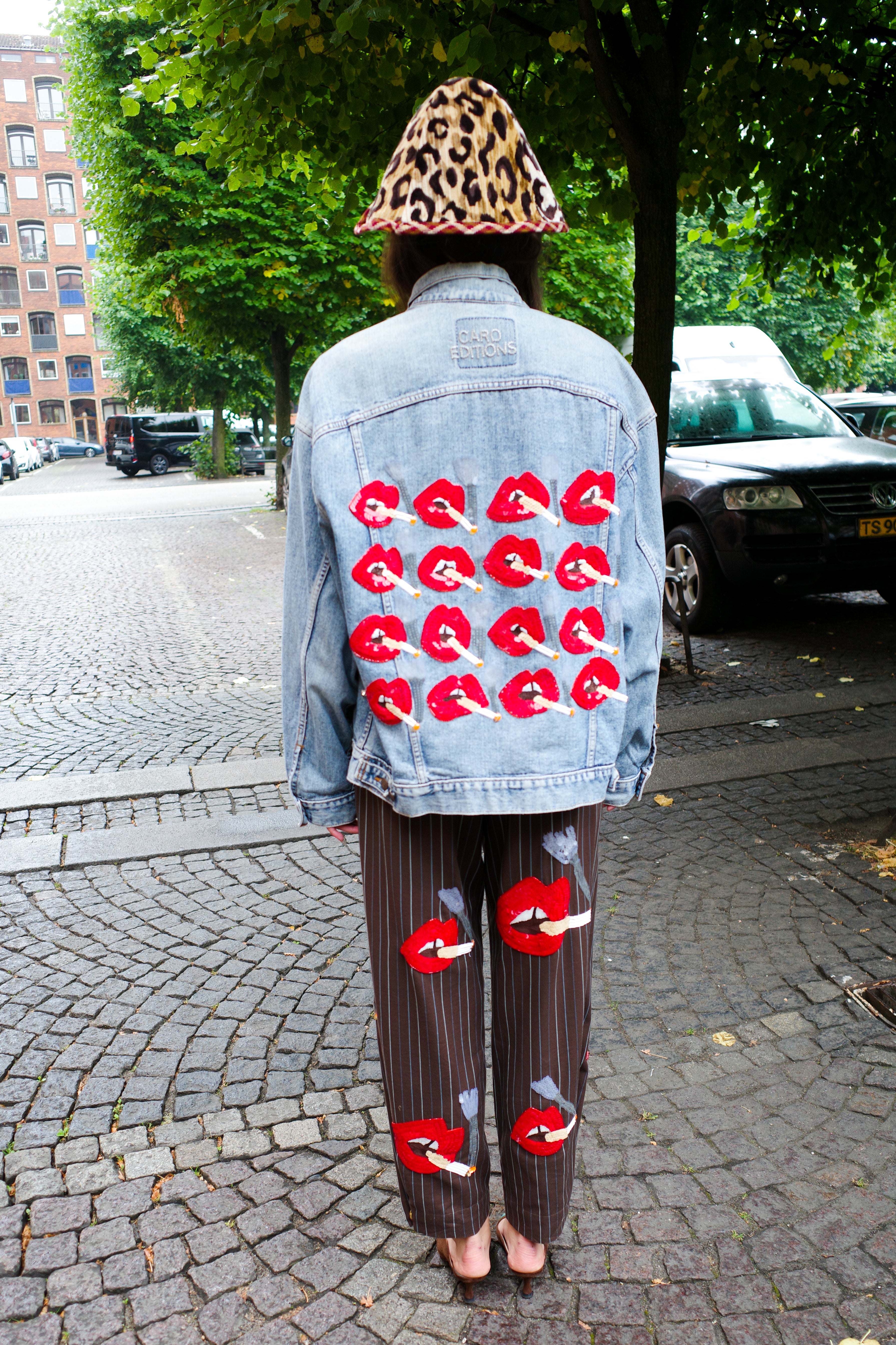 Upcycled Denim Jacket - Red Lips Smoking