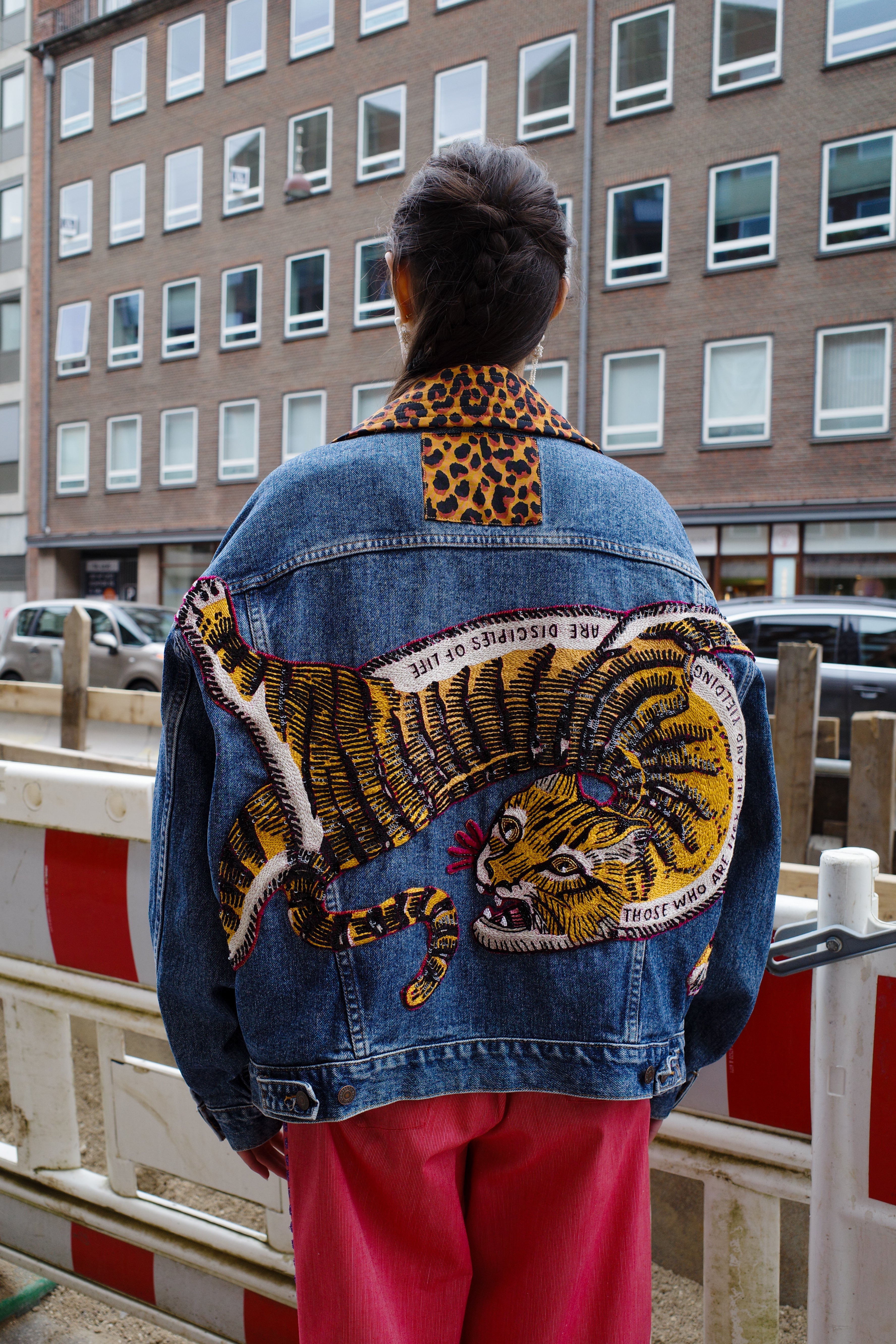 Upcycled Denim Jacket - leopard with Vintage Saint Laurent Collar