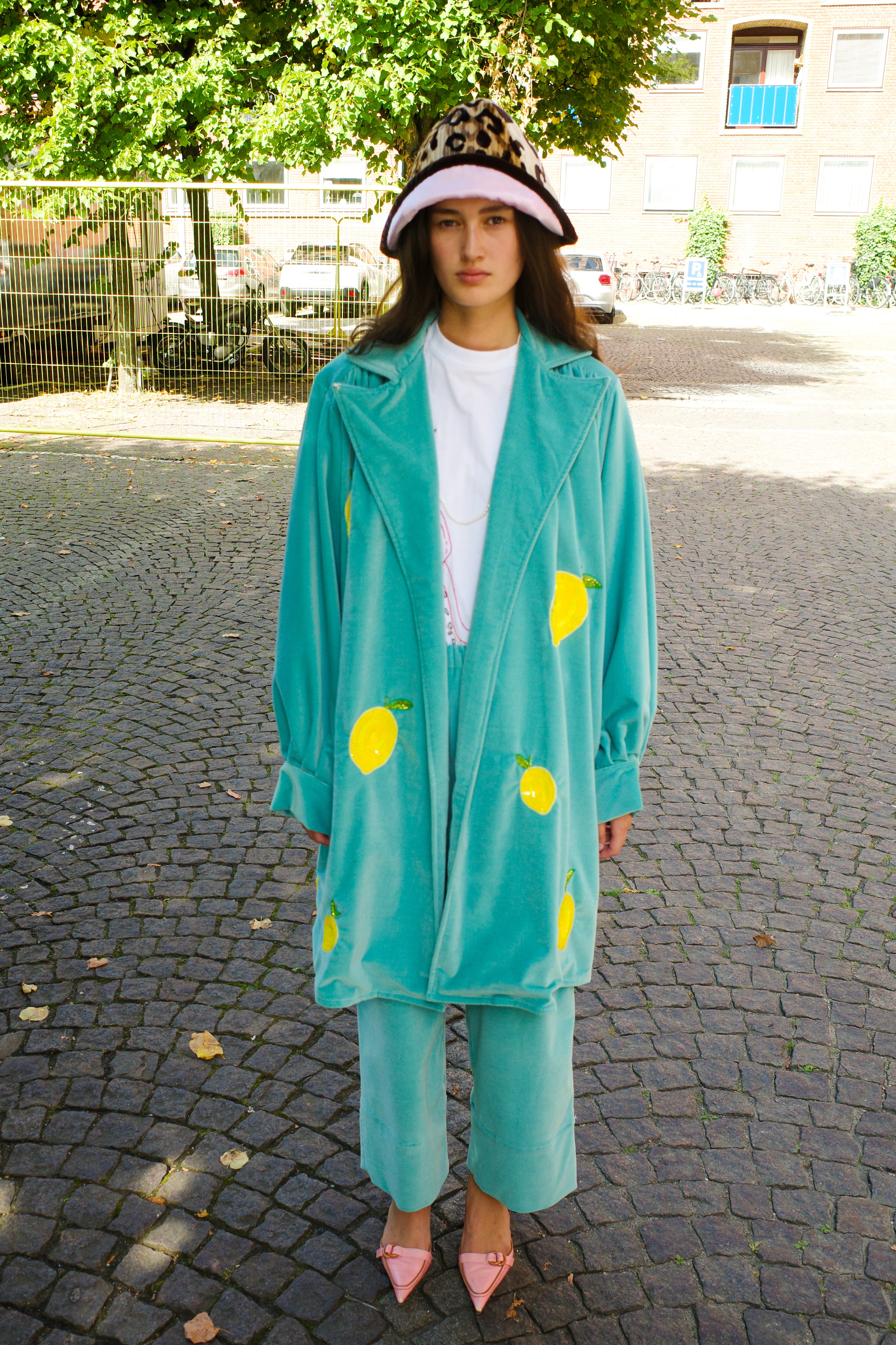 Gaia Coat - Turquoise Velvet with Greek Statue