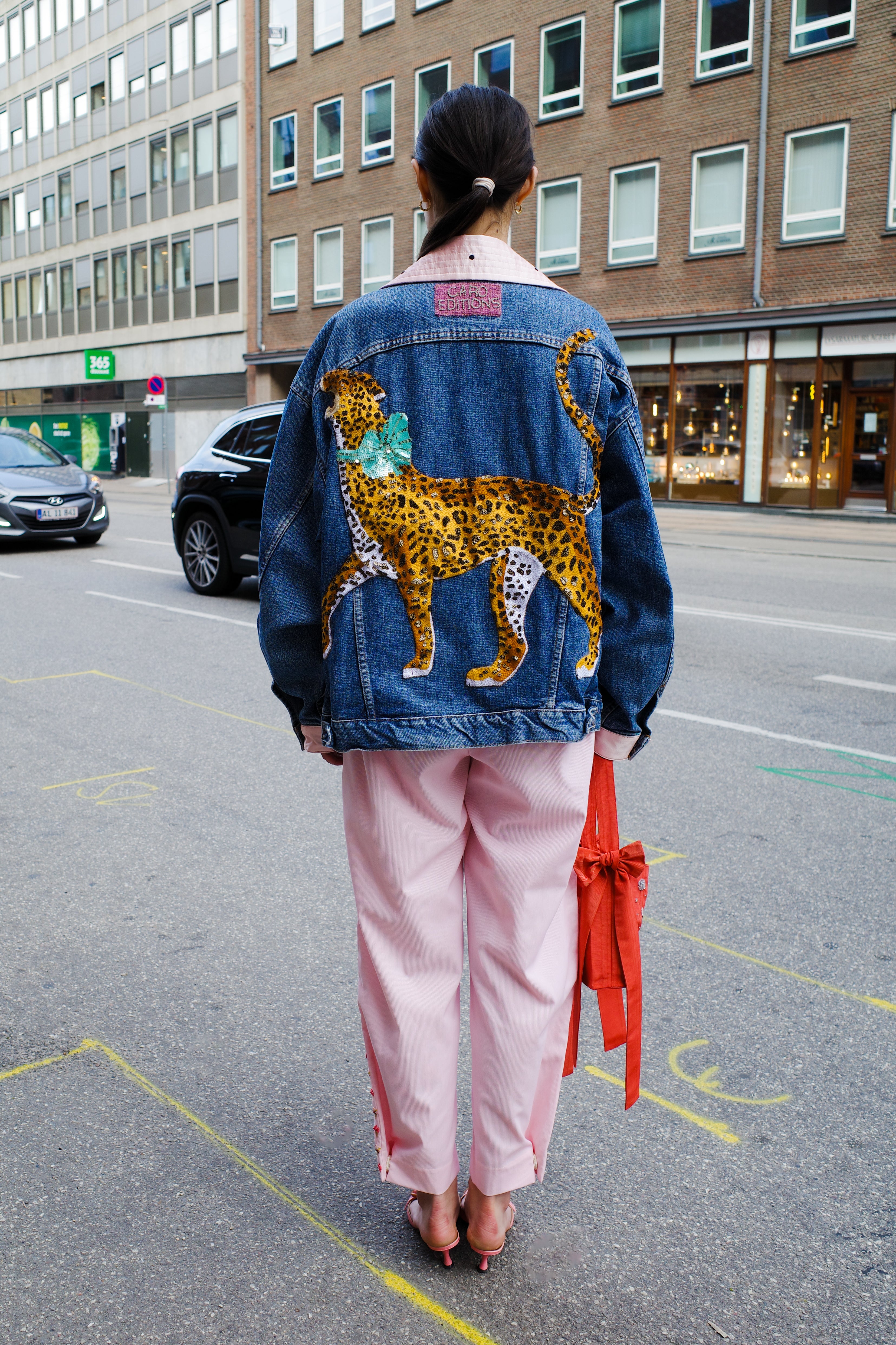 Upcycled Denim Jacket - leopard with bow