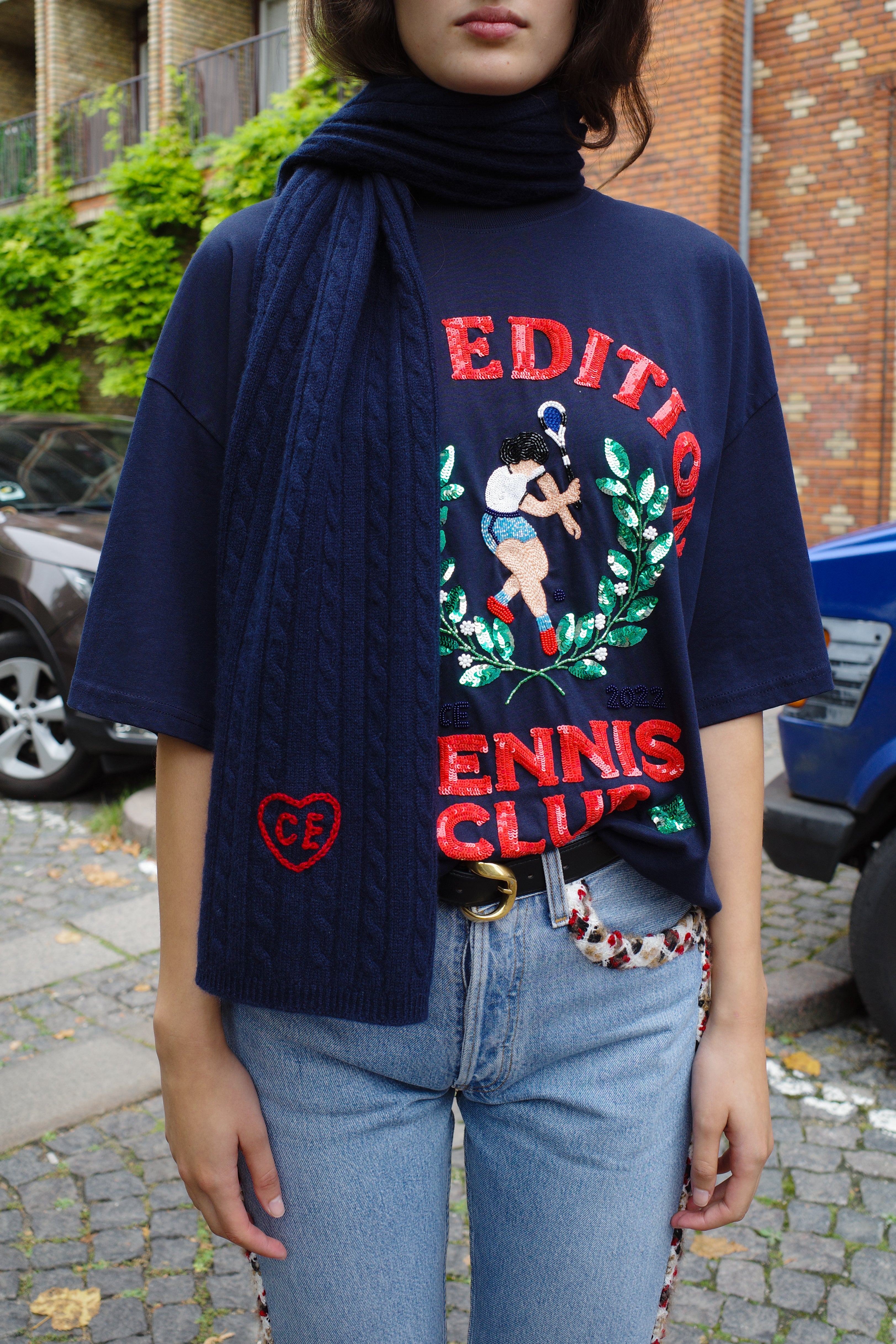 Liva Cable Scarf Cashmere Navy