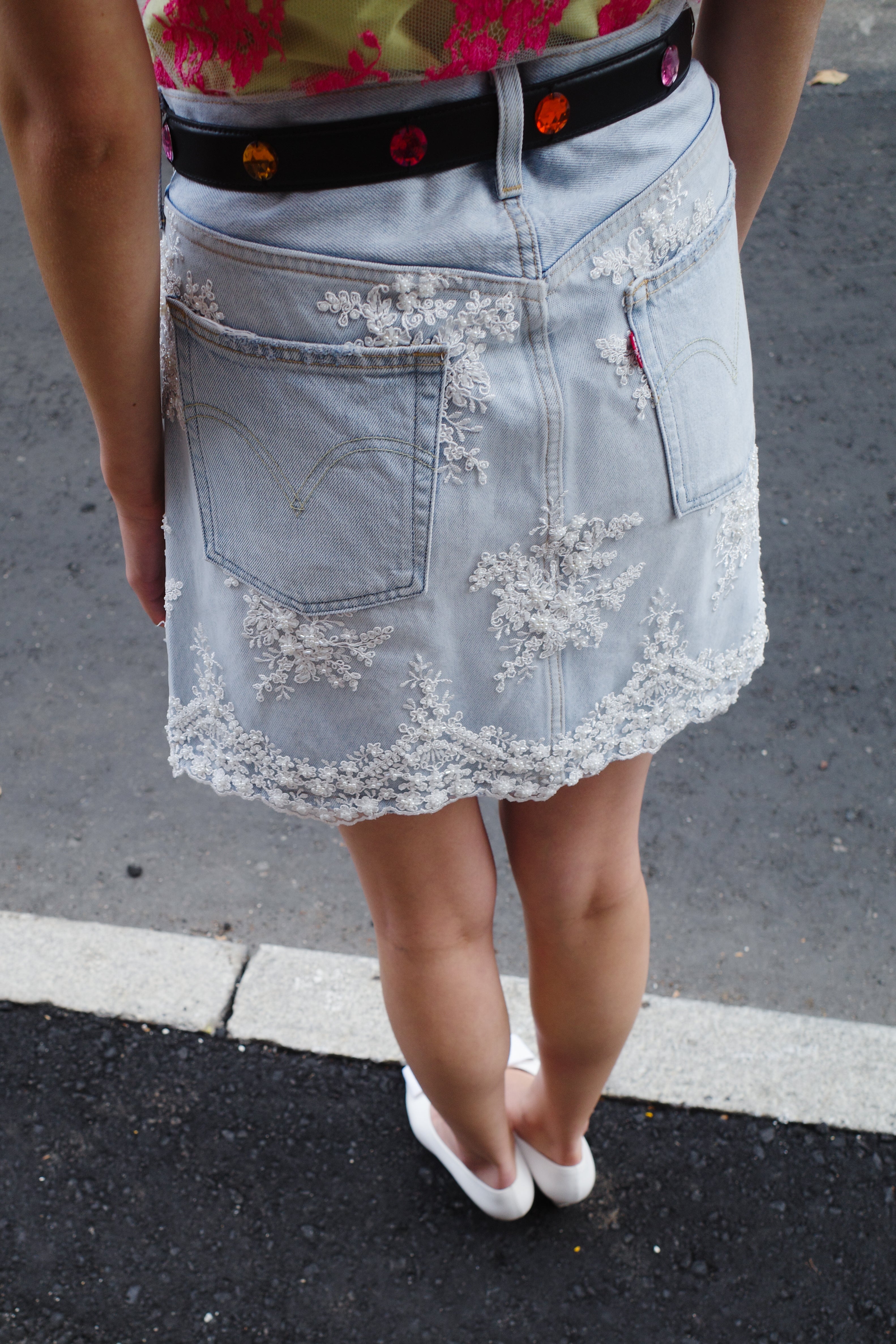Upcycled Levi’s Denim Skirt with Bridal Lace.