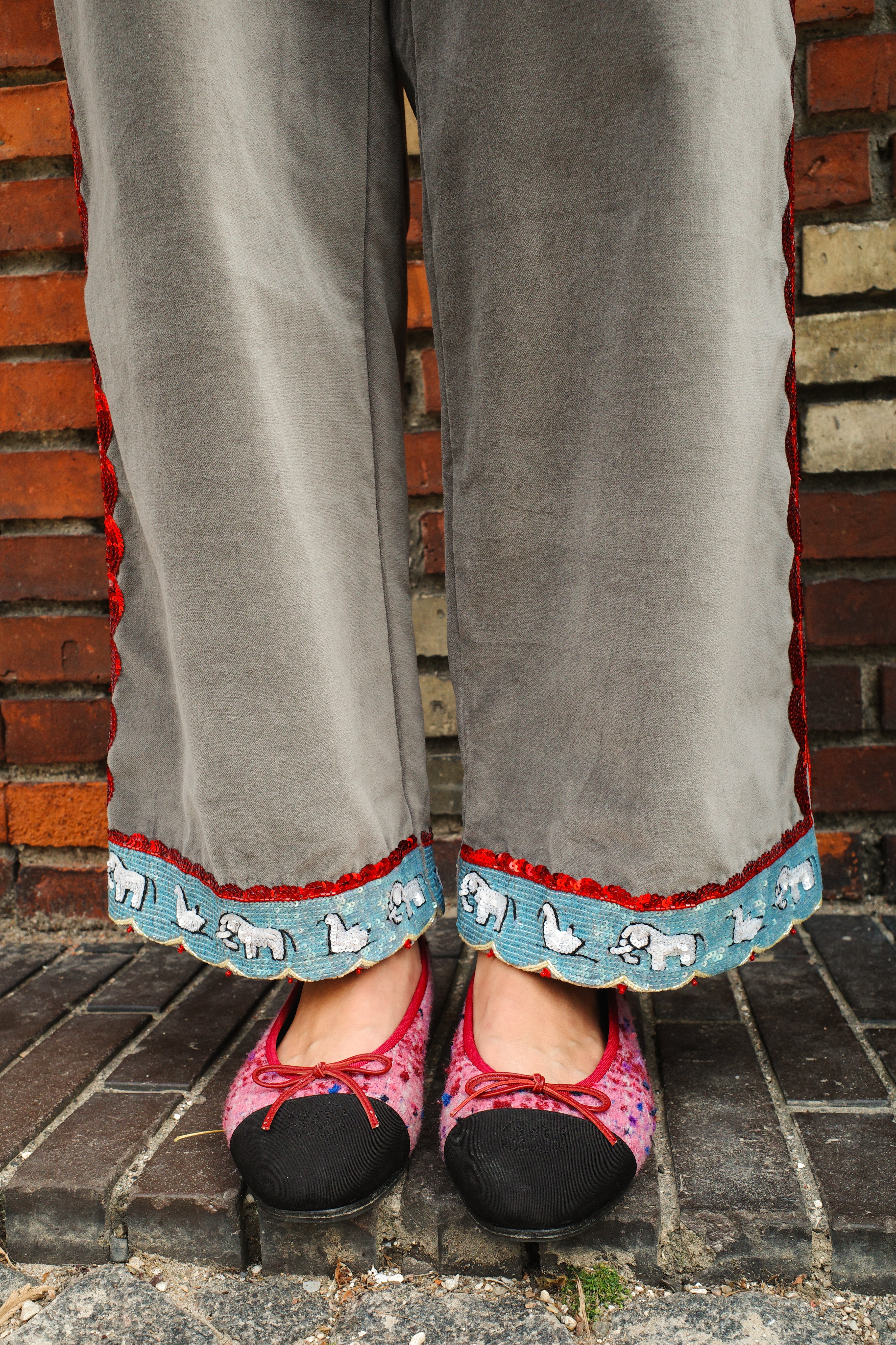 Coco Pants - Grey Velvet with Red Details