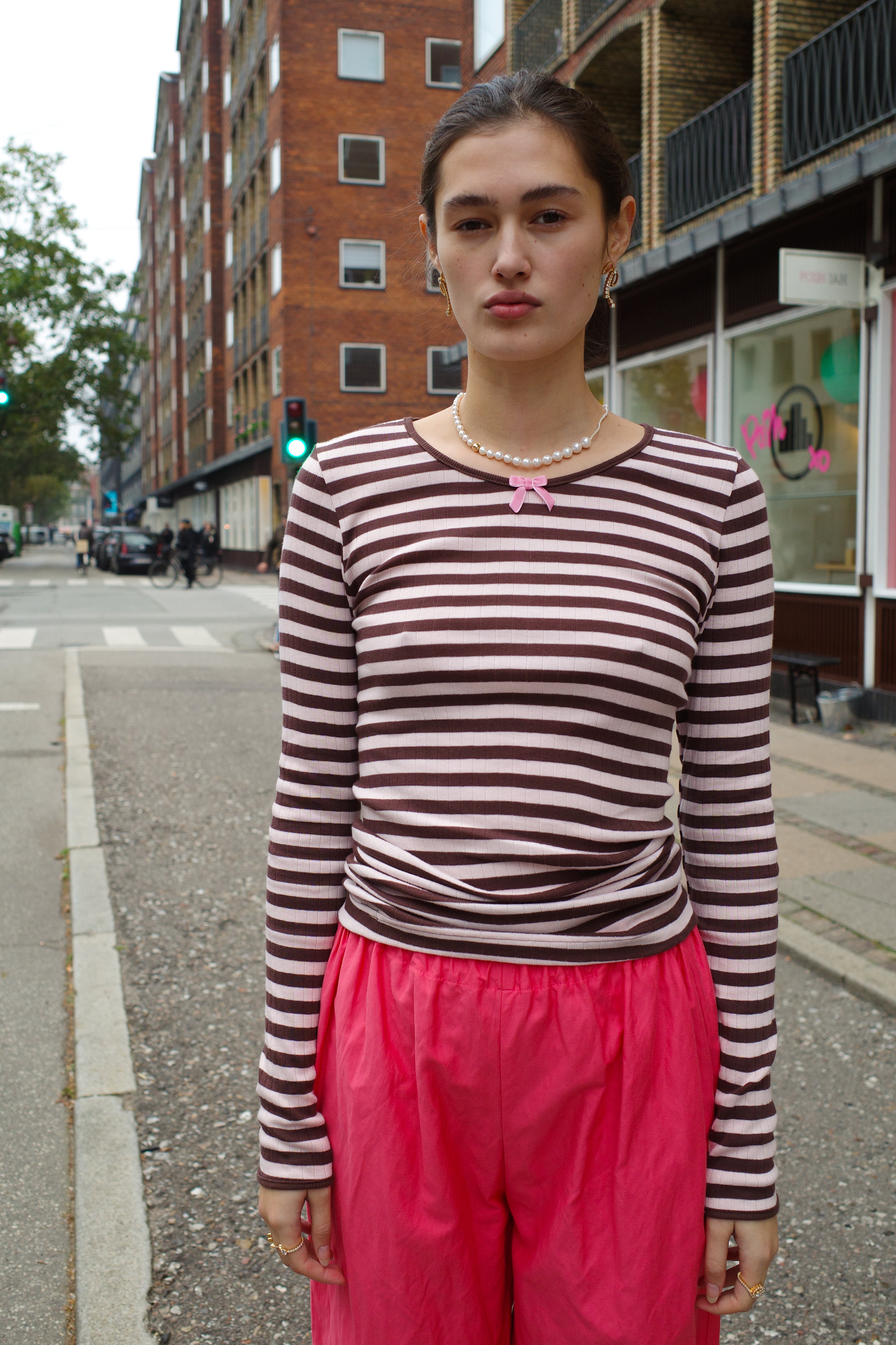 #101 T-shirt - Brown Pale Pink Stripe
