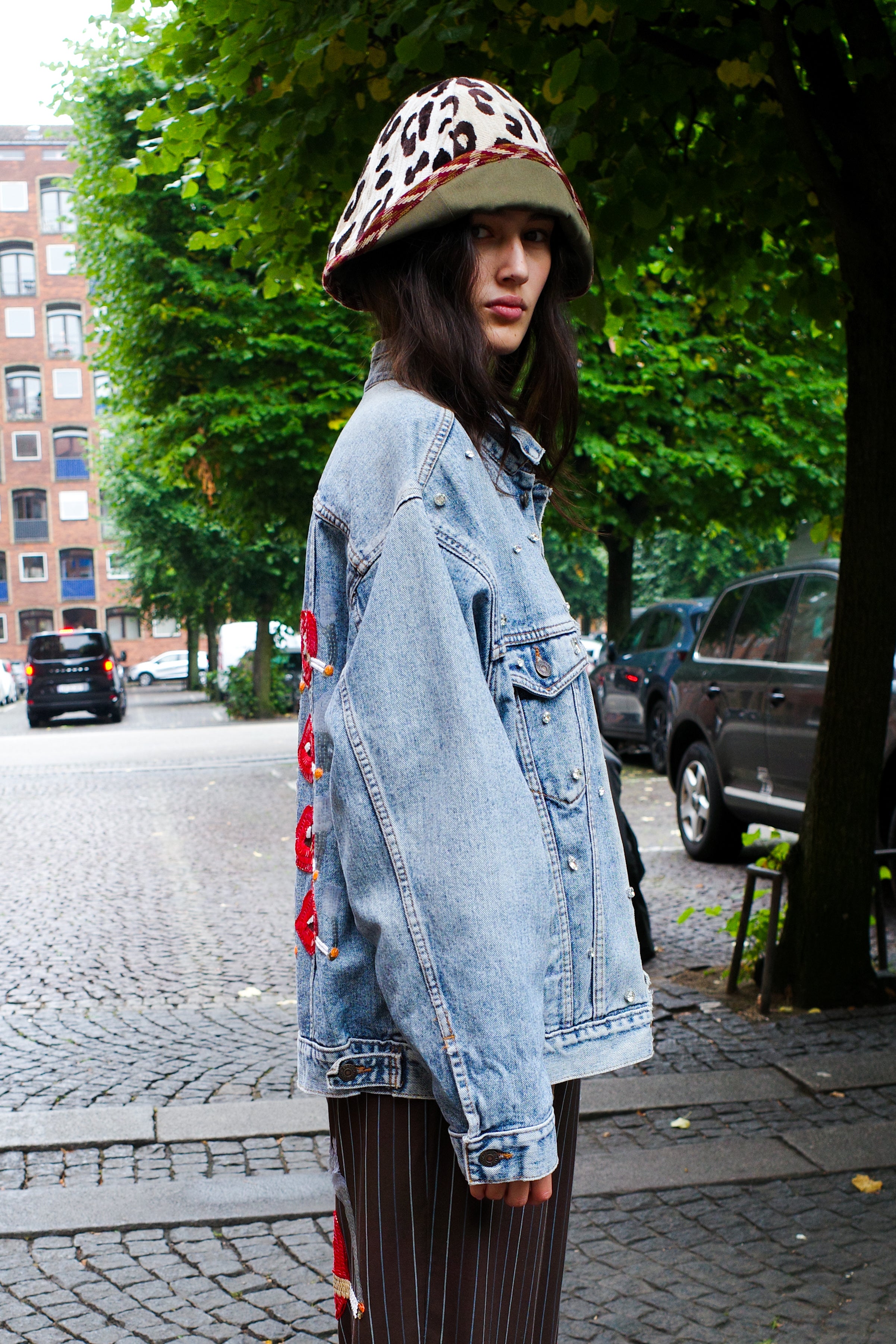Upcycled Denim Jacket - Red Lips Smoking