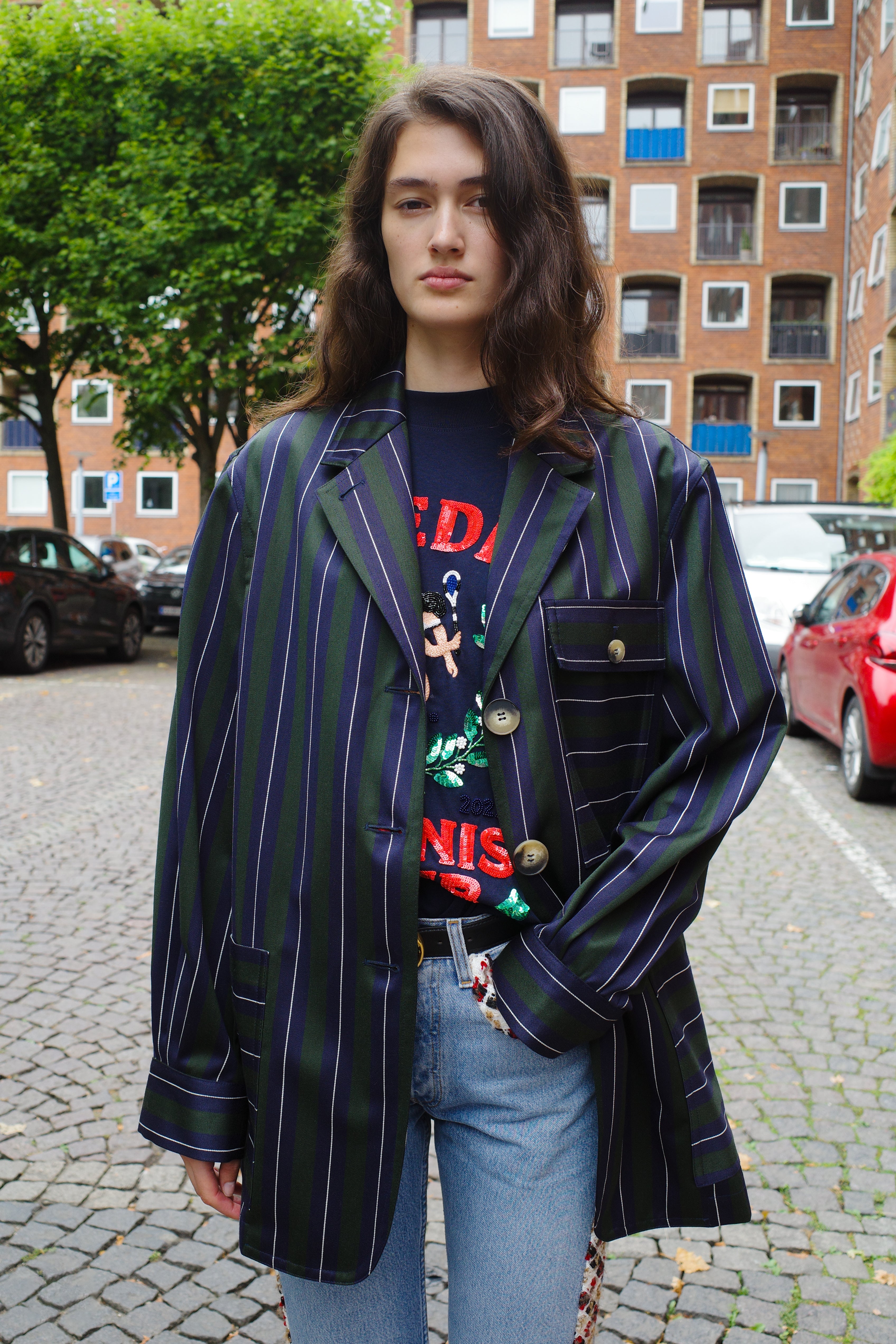 Frederik Jacket Moon Wool Mix Navy/Green/White Stripe