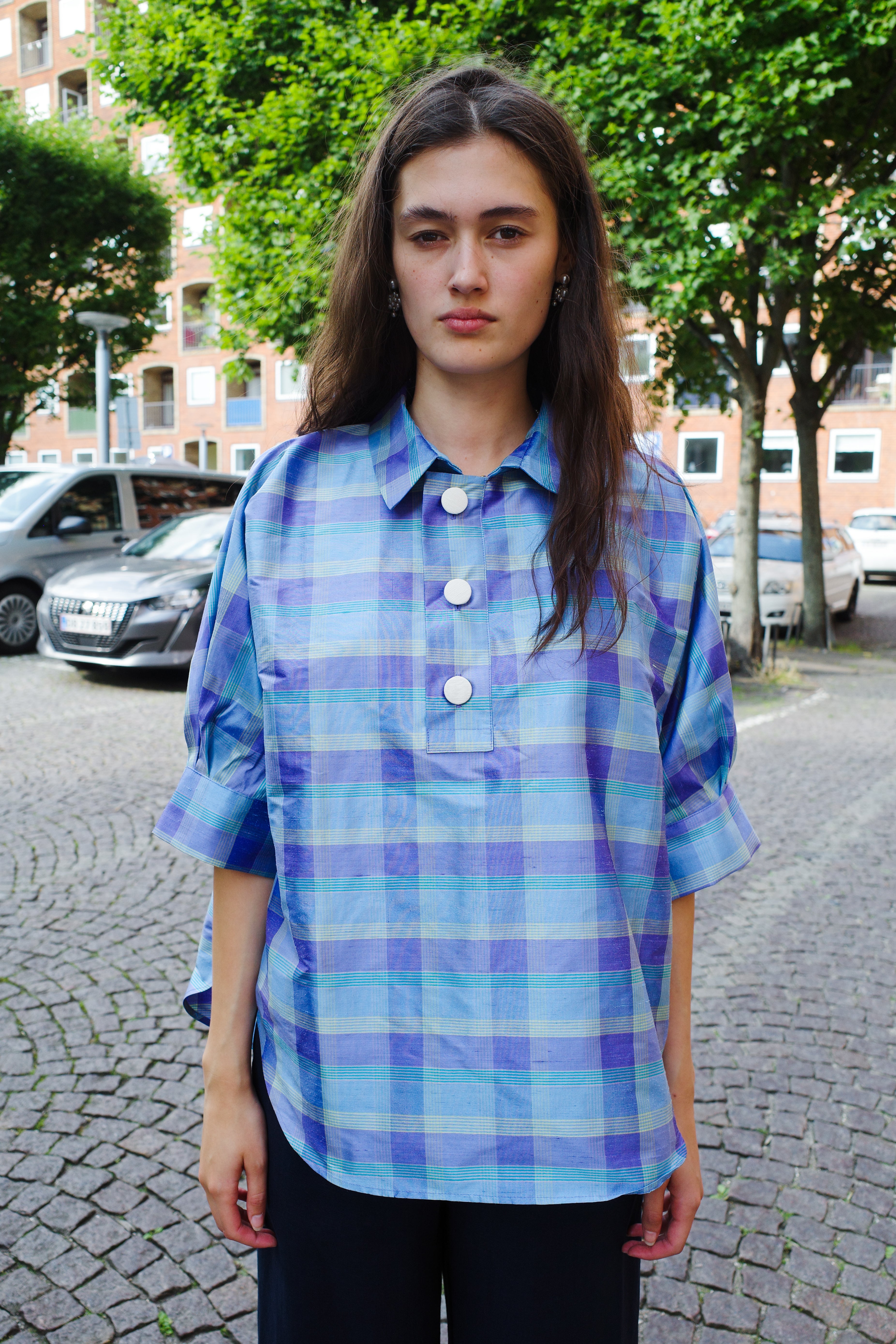 Lisbeth Blouse Blue checked silk