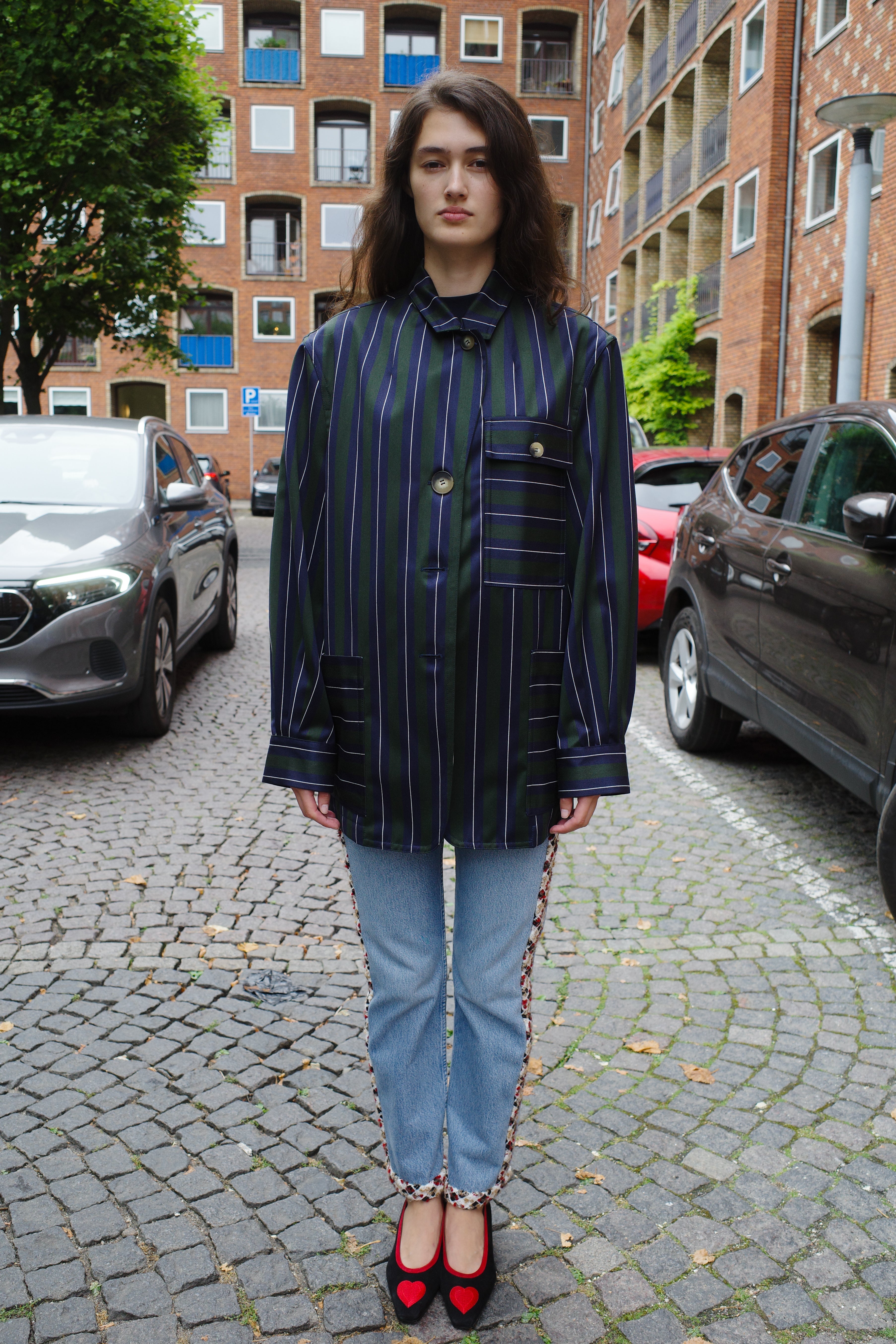 Frederik Jacket Moon Wool Mix Navy/Green/White Stripe