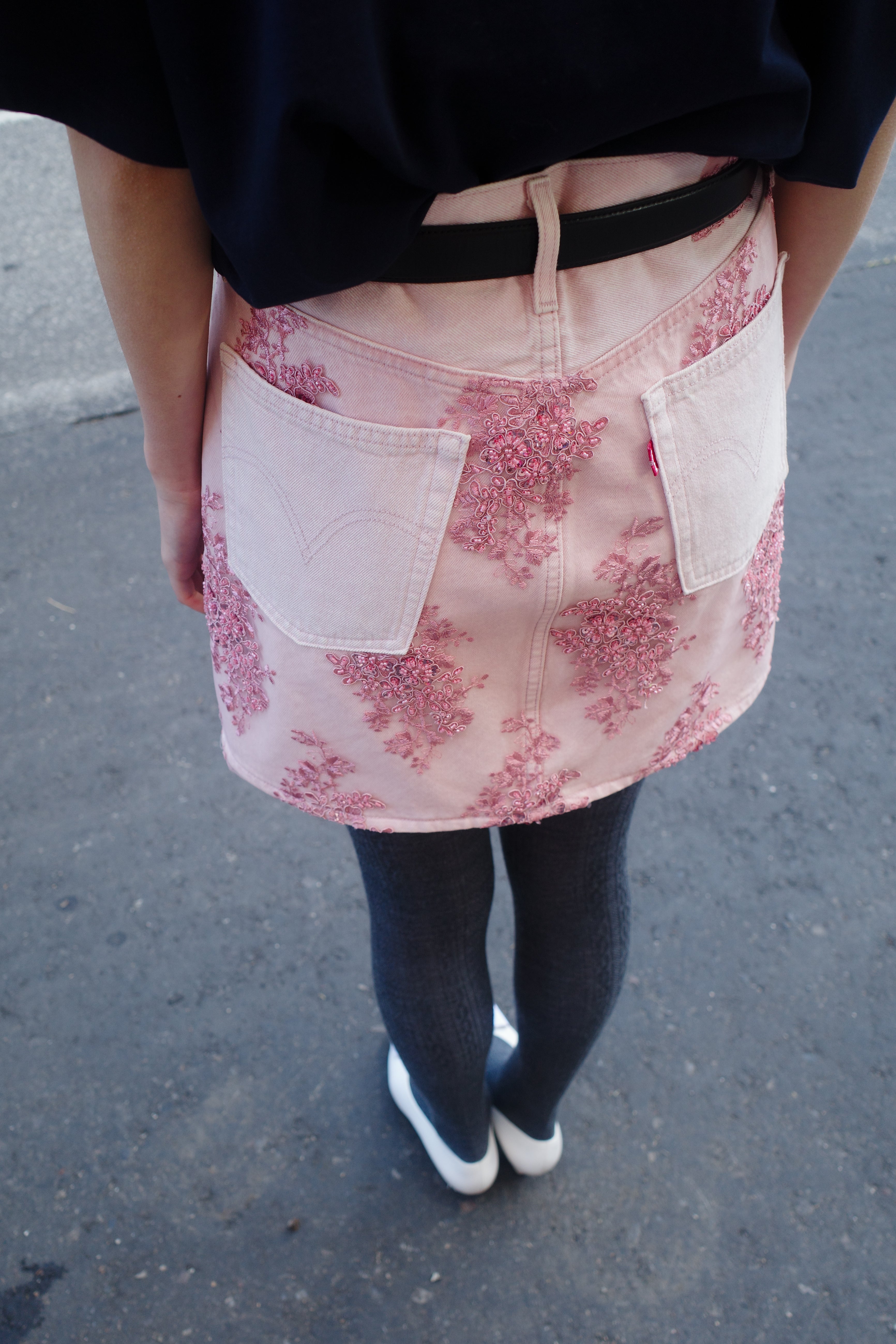 Upcycled Levi’s Denim Skirt with French Lace.