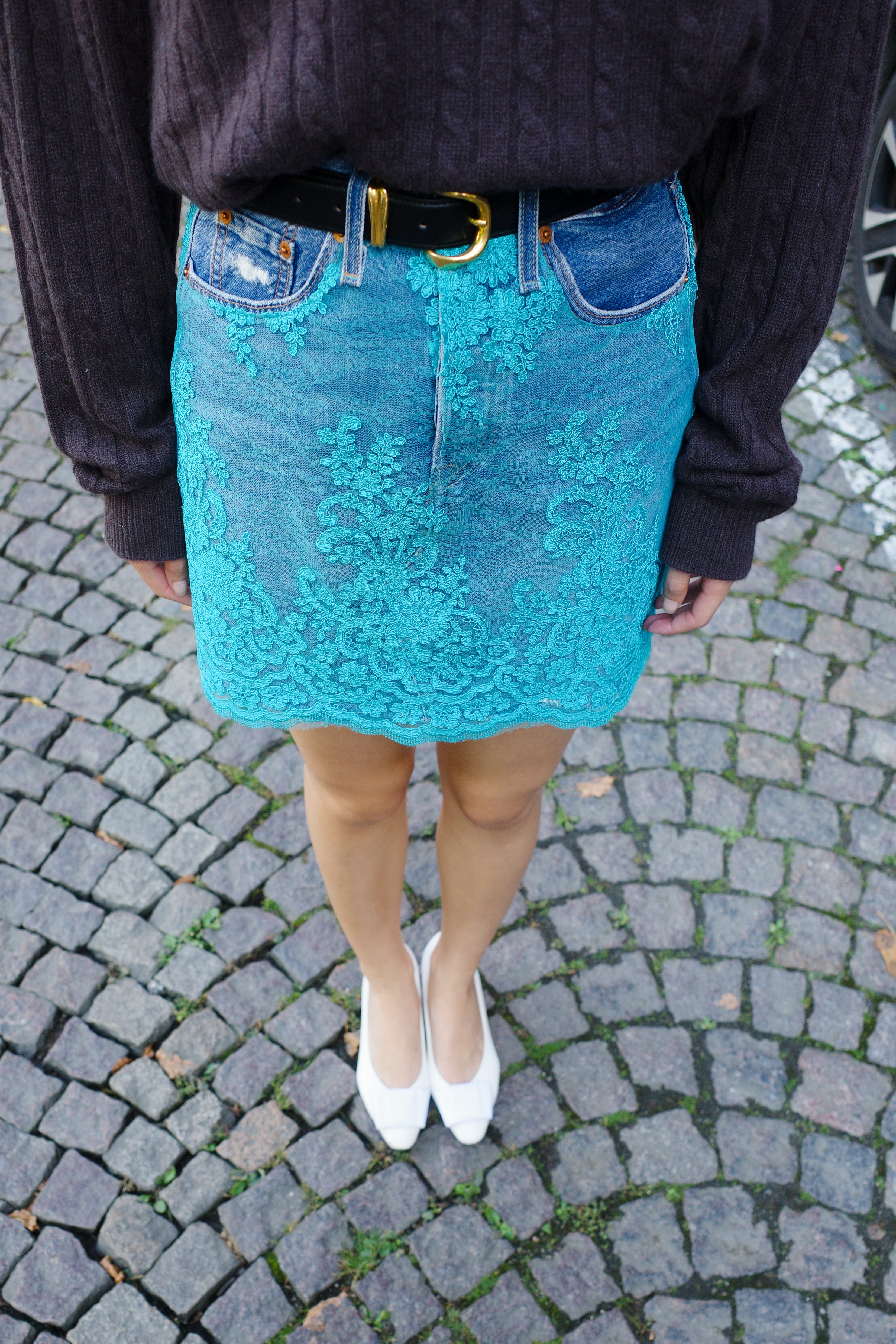 Upcycled Levi’s Denim Skirt with Bridal Lace.