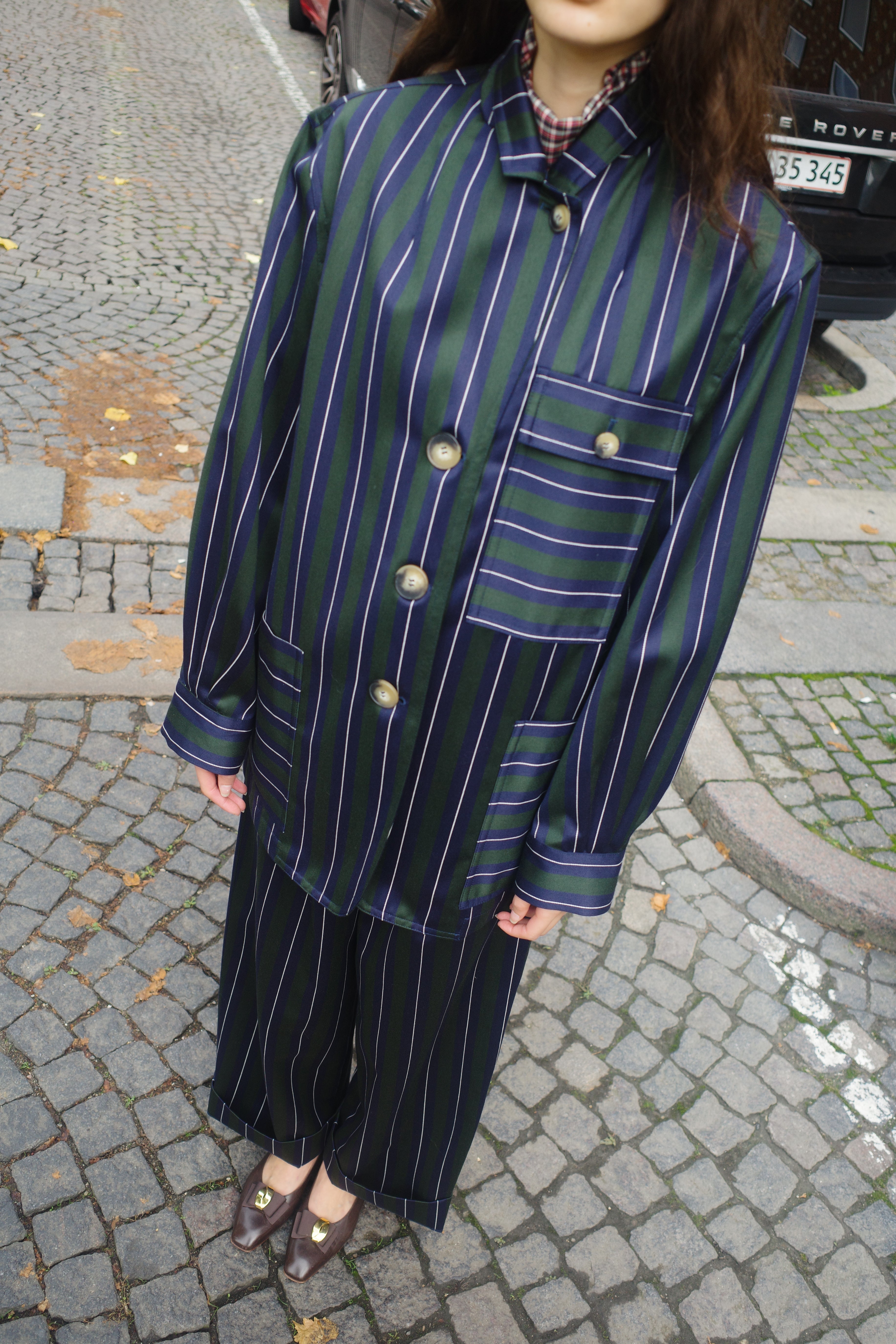 Frederik Jacket Moon Wool Mix Navy/Green/White Stripe
