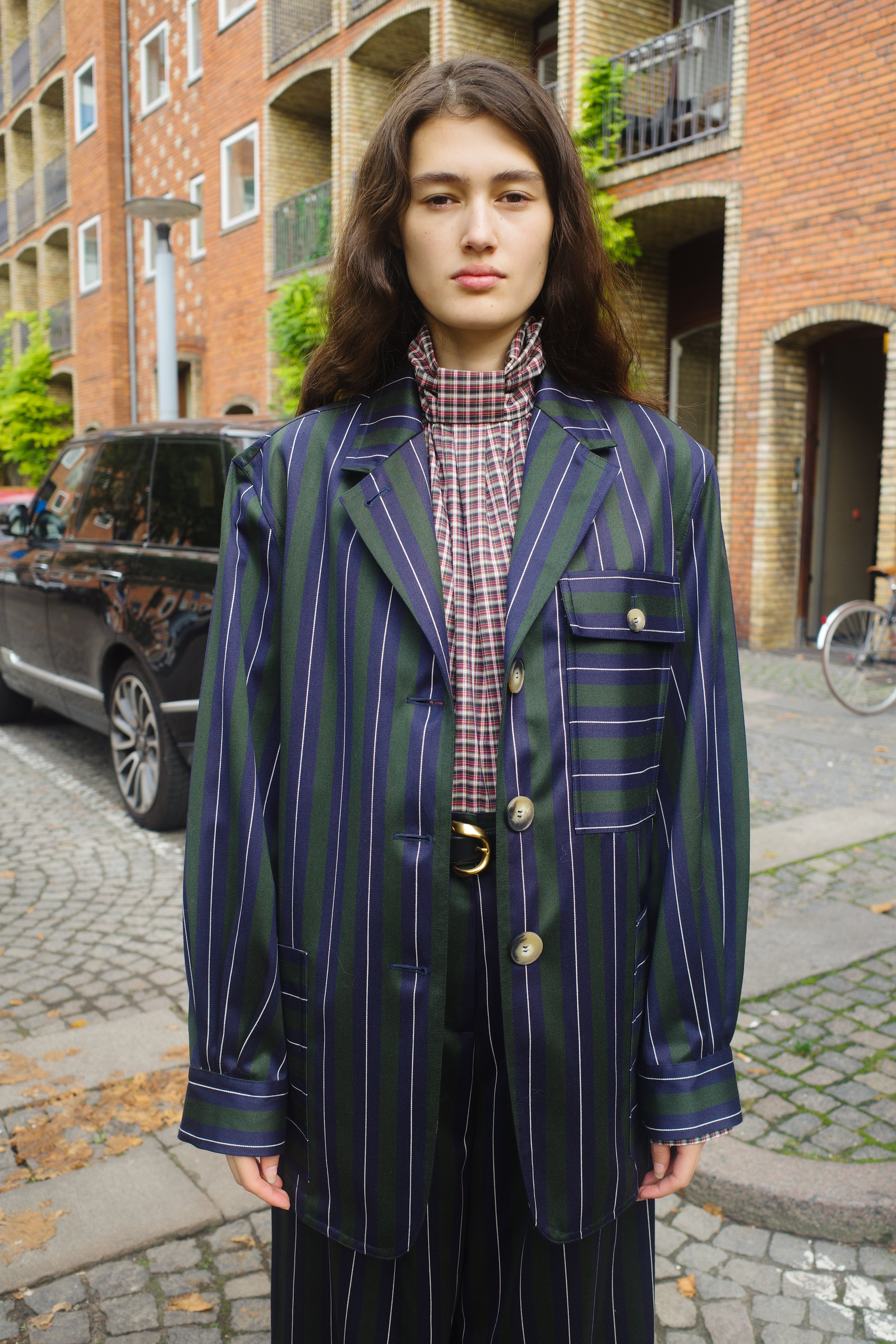 Frederik Jacket Moon Wool Mix Navy/Green/White Stripe
