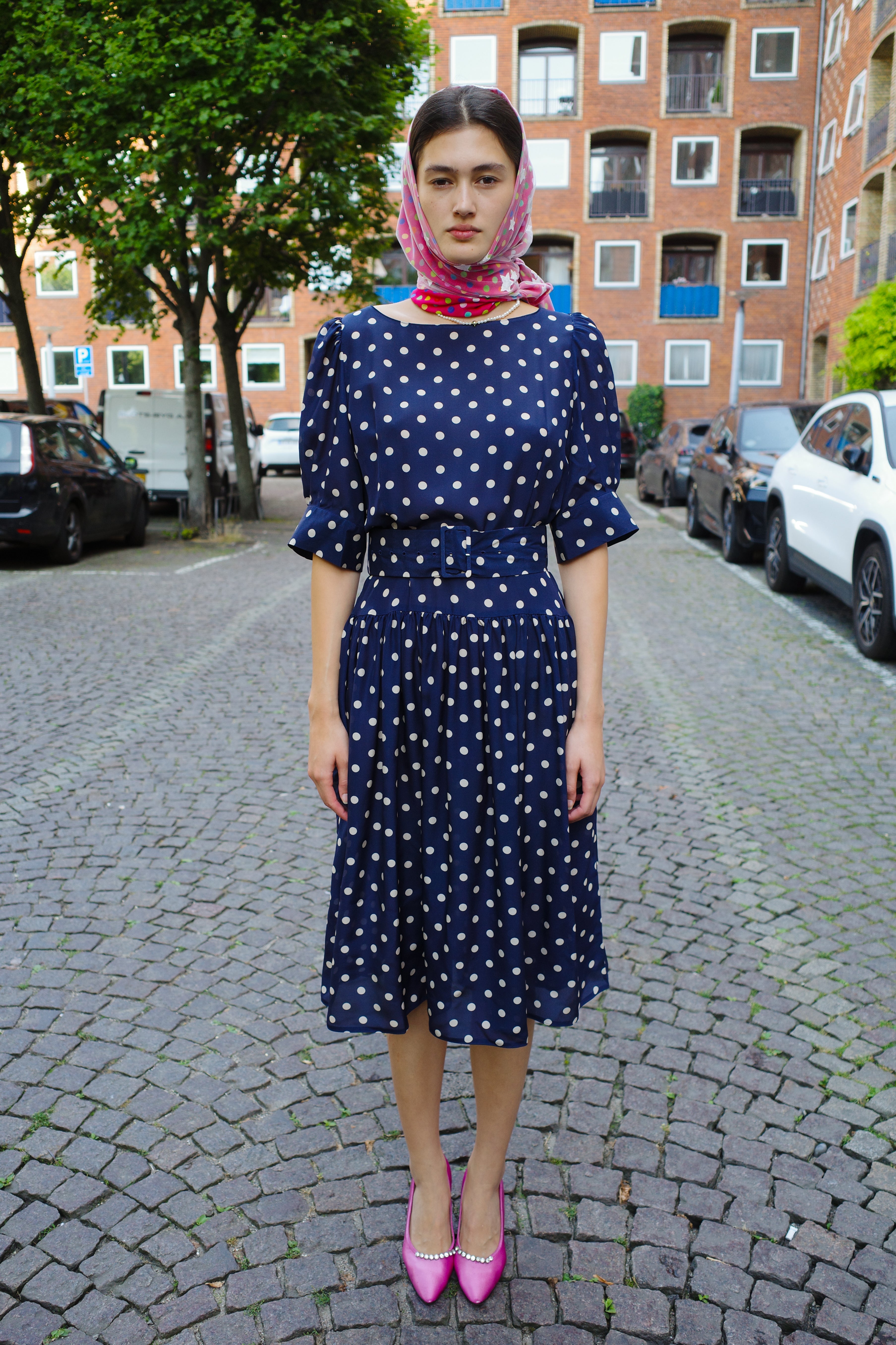 Bjorg Dress Silk Navy - White Dots