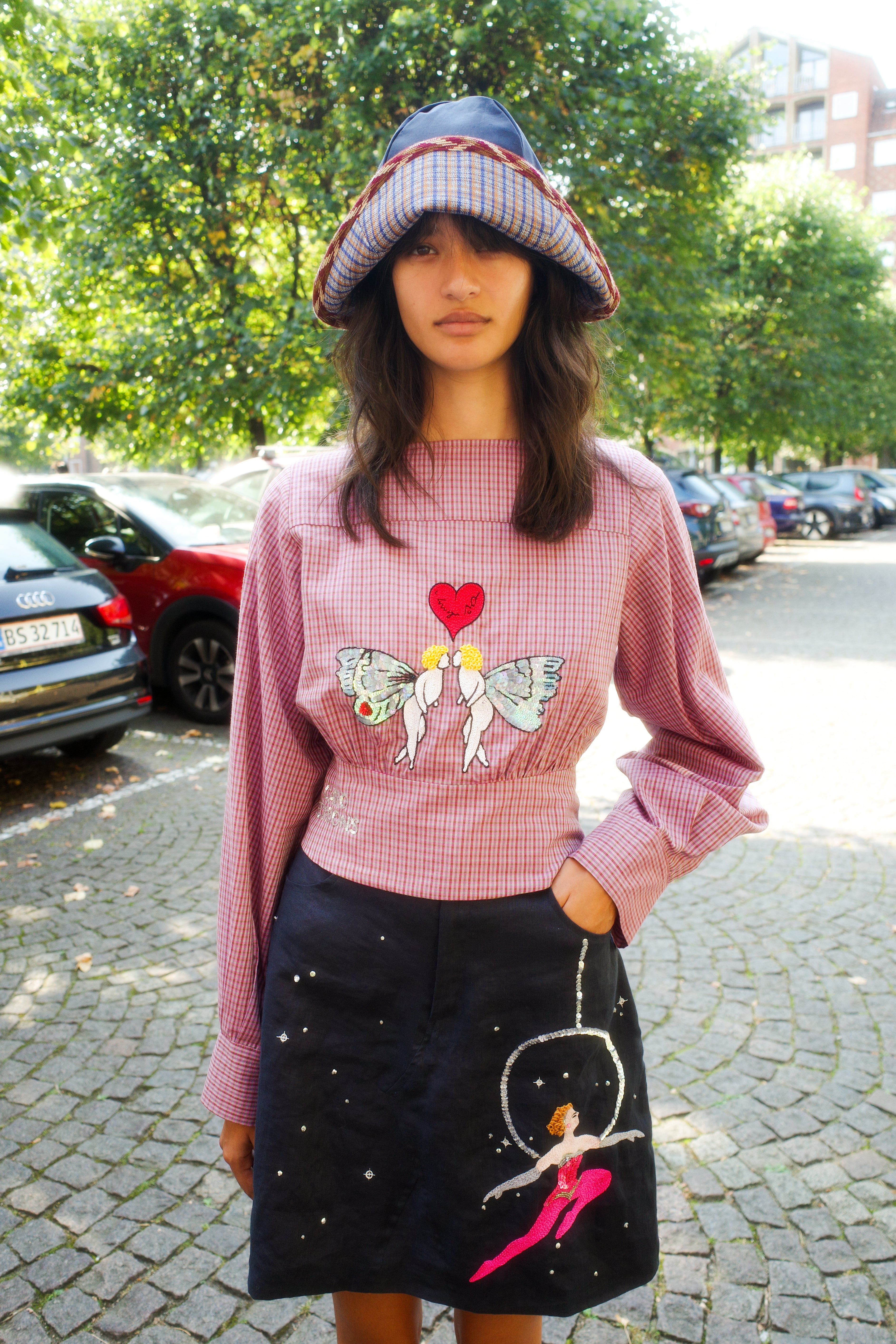 Olga Shirt - Pink Check with Angels