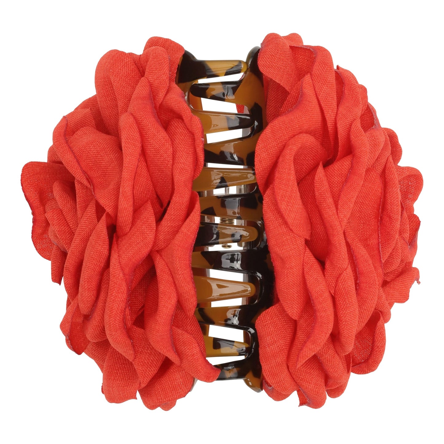 Caro Editions. The Rosie Hair Clip in Orange Red. Polyester Acetate 12cm wide Made responsibly in China.