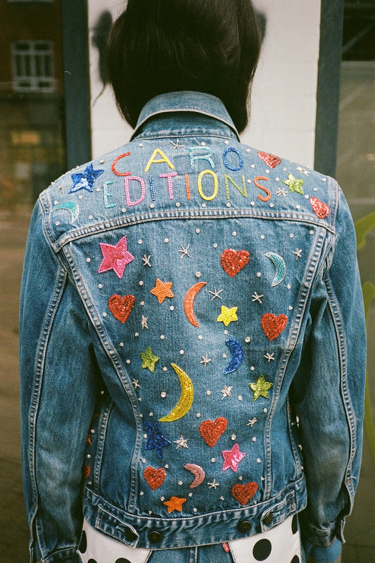 Upcycled Denim Jacket - Beaded Multi Moon Star