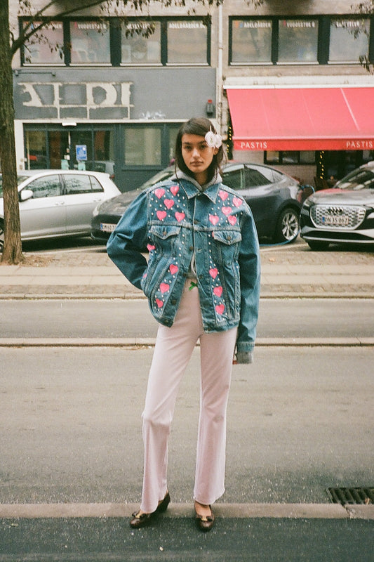 Upcycled Denim Jacket - Beaded Pink Hearts
