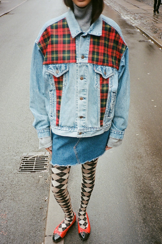 Upcycled Denim Jacket - Little Red Tartan Small