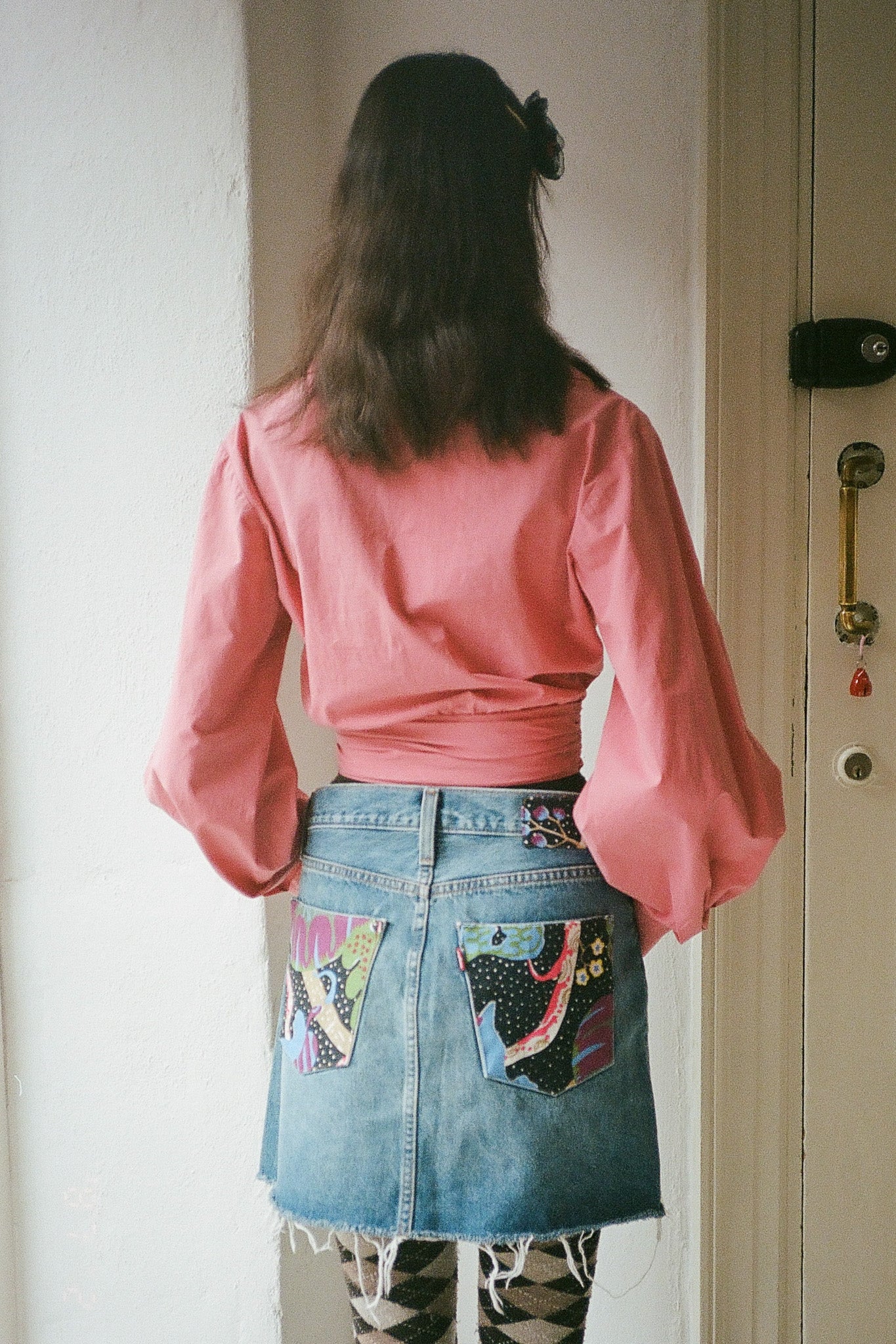 Upcycled Denim skirt - Flower Print