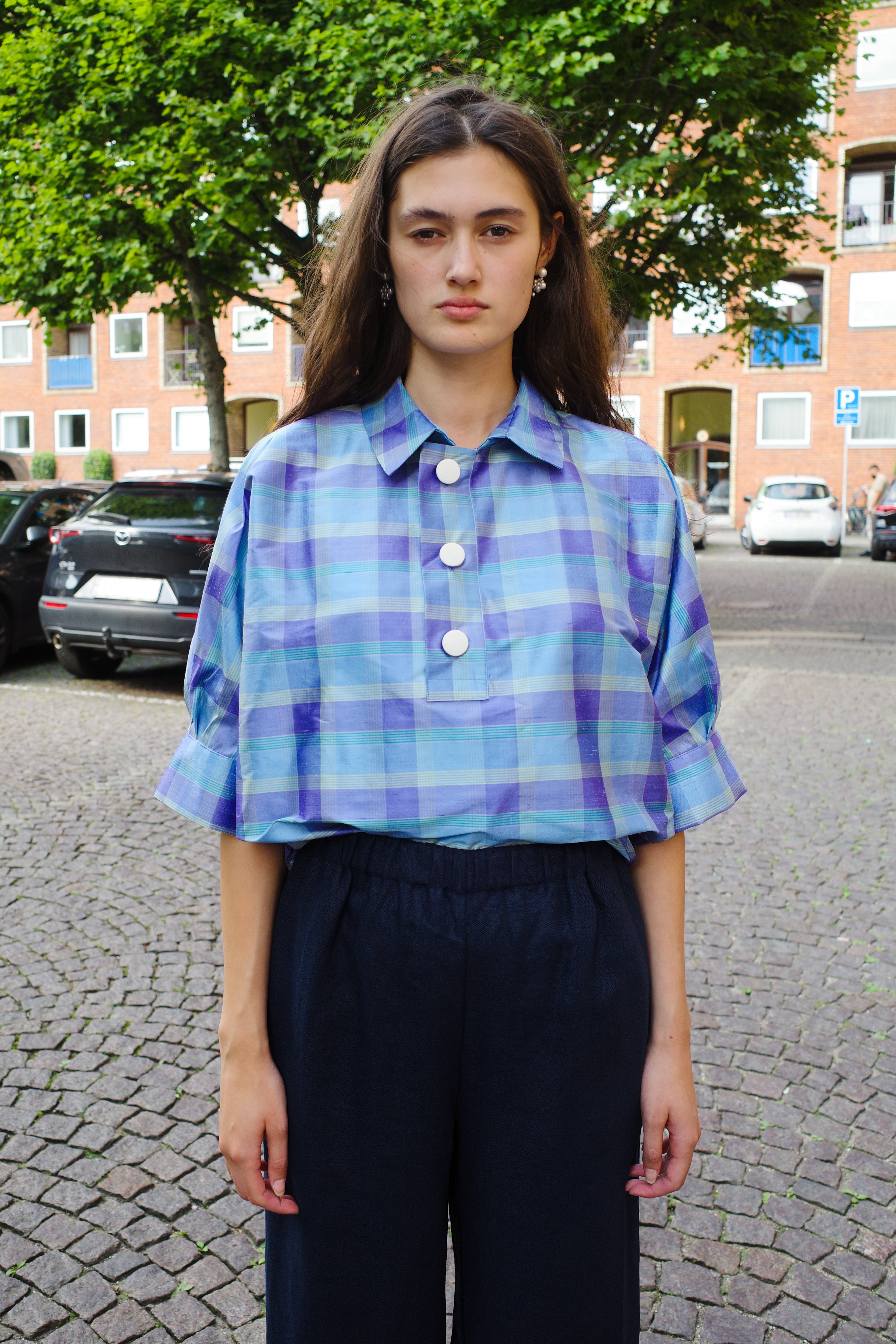 Lisbeth Blouse Blue checked silk