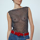 Alexa Top in Black Polka Dot Transparent Silk Chiffon. The top features a straight neckline and a deep plunging back.   Material: 100% mulberry silk.