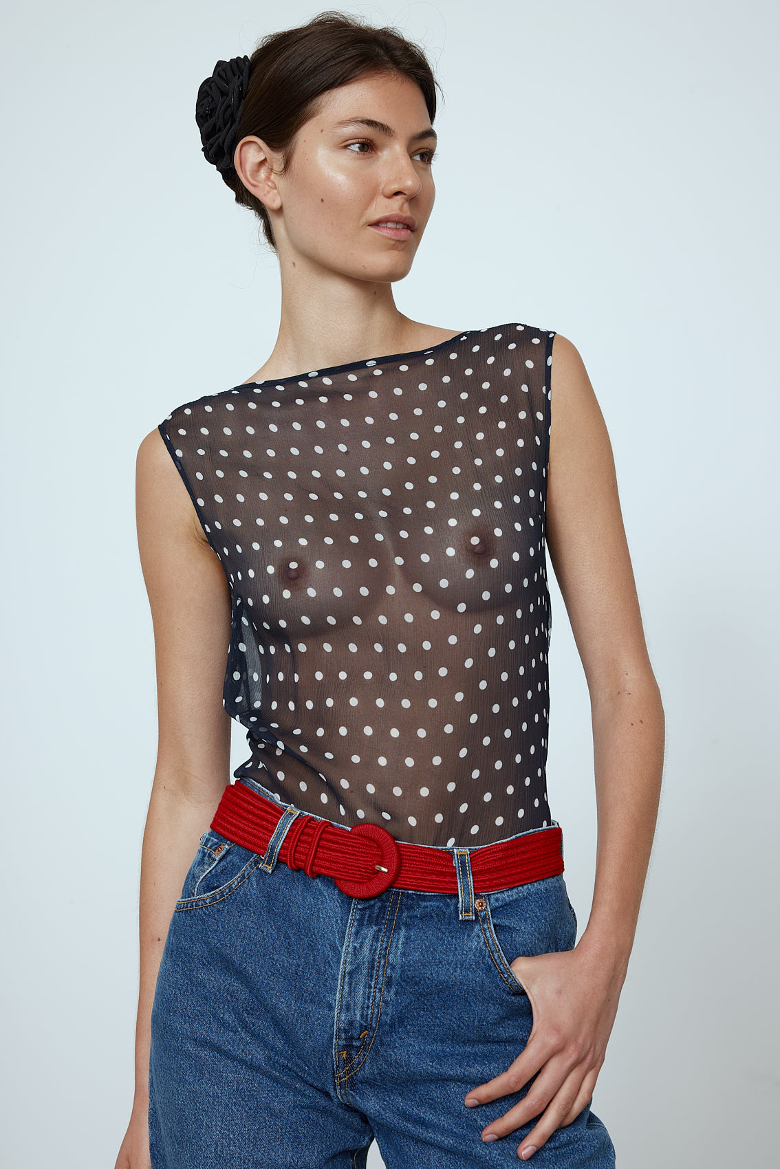 Alexa Top in Black Polka Dot Transparent Silk Chiffon. The top features a straight neckline and a deep plunging back.   Material: 100% mulberry silk.