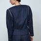 The Emma Jacket in Navy Linen. A new flattering jacket shape inspired by Caroline's favorite vintage 70's finds. The Jacket features a single-button closing, balloon sleeves, and contrasting color piping details around the edges.   Also available in Pink/Green and Orange/Pink.