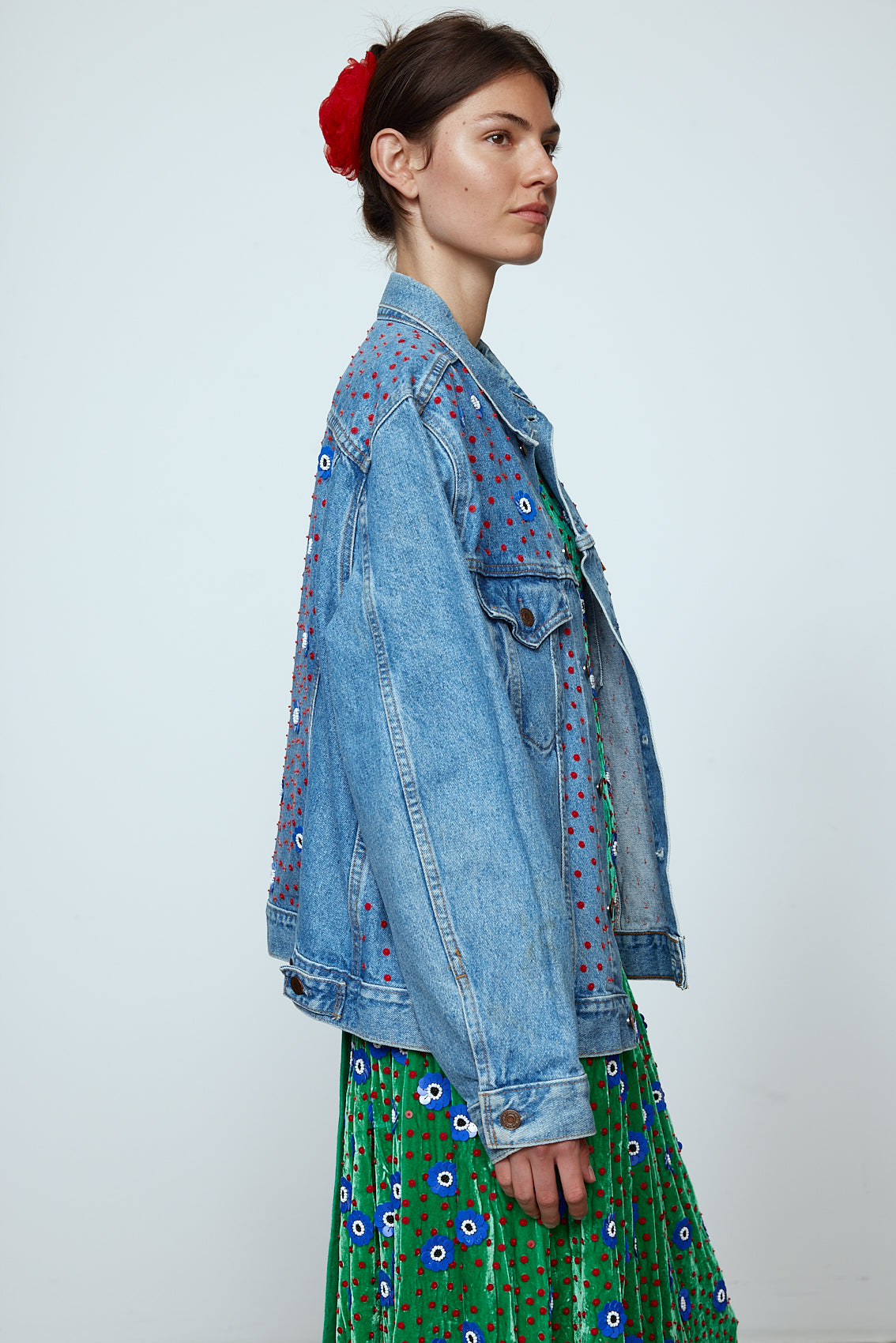 Upcycled Denim Jacket exquisitely hand-embroidered by skilled artisans in our flower daisy pattern using beadings and sequins.